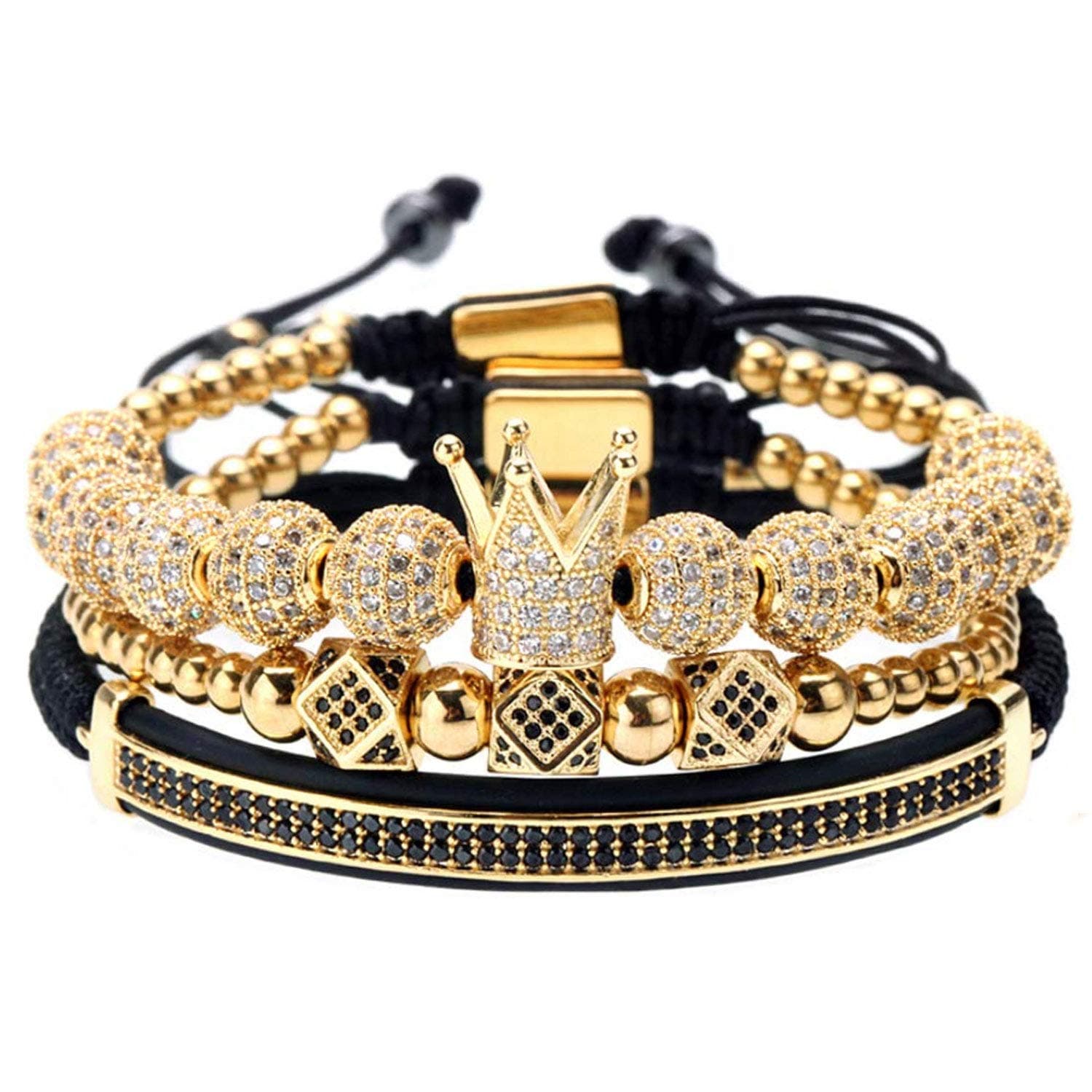 Luxury CZ Imperial Gold Crown Bracelets Set King Royal Style with 8mm Zirconia Beads Braided Pulseira Bangle Charm Jewelry for Men