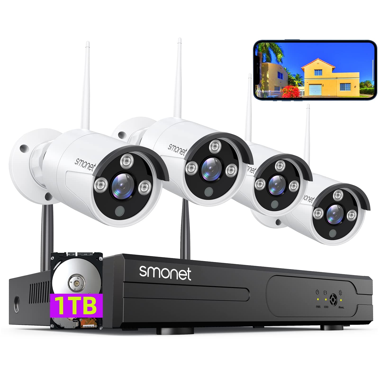 【1TB Hard Drive Pre-installed】SMONET 1080P Wireless Security Camera System,8-Channel Full HD Wireless Home Camera System, 4pcs 2.0MP Indoor Outdoor Surveillance Cameras,P2P,Super Night Vision,Free APP