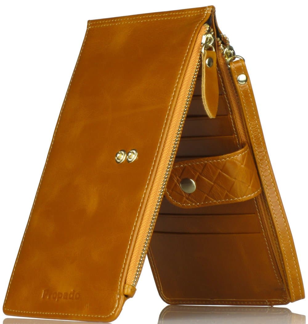 Propado Women's Card Case Wallet Genuine Leather Zipper Purse Organizer with Wristlet