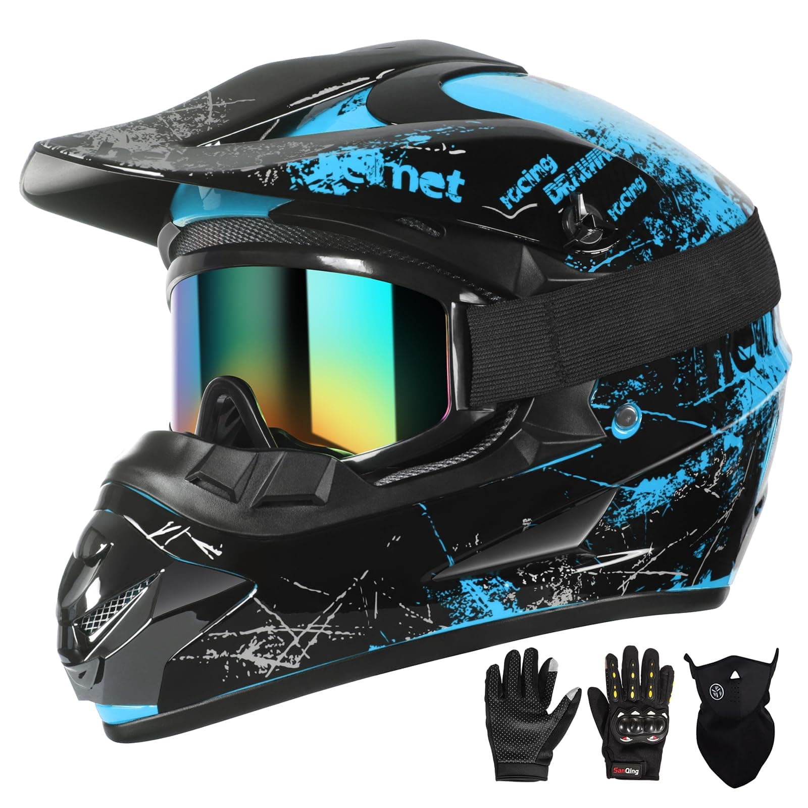 SPARK Dirt Bike Helmets Kids Motorcycle Helmet Youth ATV Motocross Full Face Men Women Off-Road Mountain Bike Helmet Adult with(Gloves Goggles Mask) DOT Approved 4Pcs Set