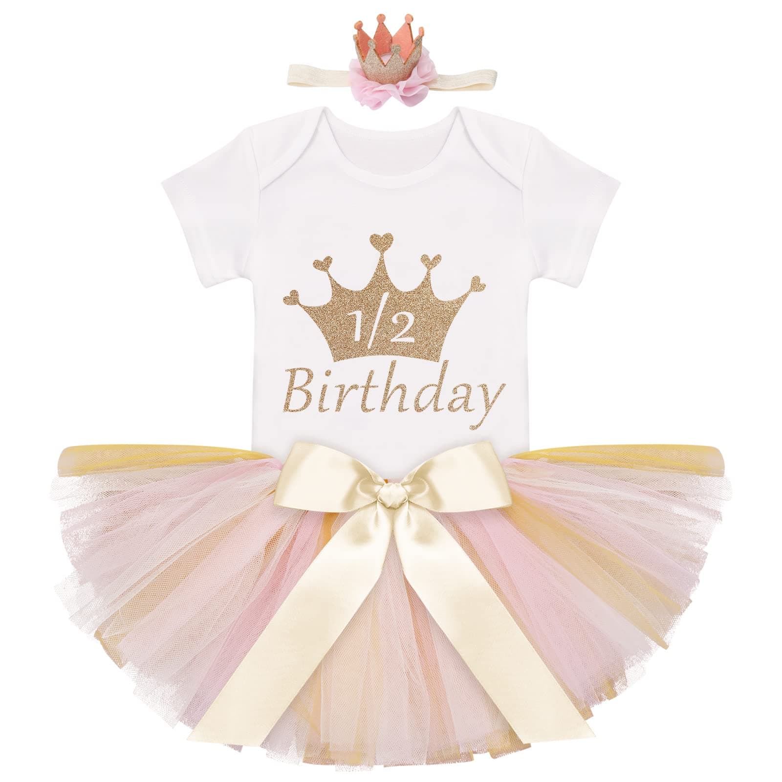 Birthday Outfit Girls Baby Strawberry Heart One Romper + Ruffle Tulle Skirt + Sequins Crown Headband 3PCS Clothes Set