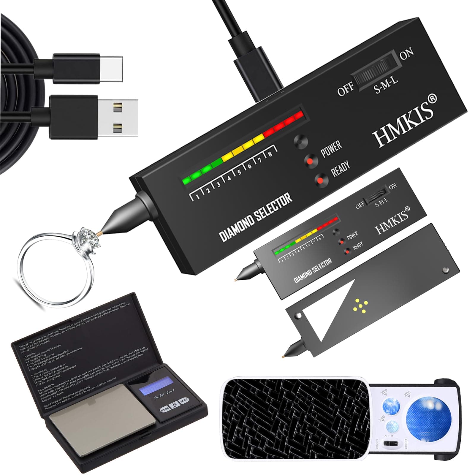 Diamond Tester+200g/0.01g Mini Jewelry Scale+ 60X Mini LED Magnifying, Professional Diamond Selector for Novice and Expert, Thermal Conductivity Meter (Non-Rechargeable)