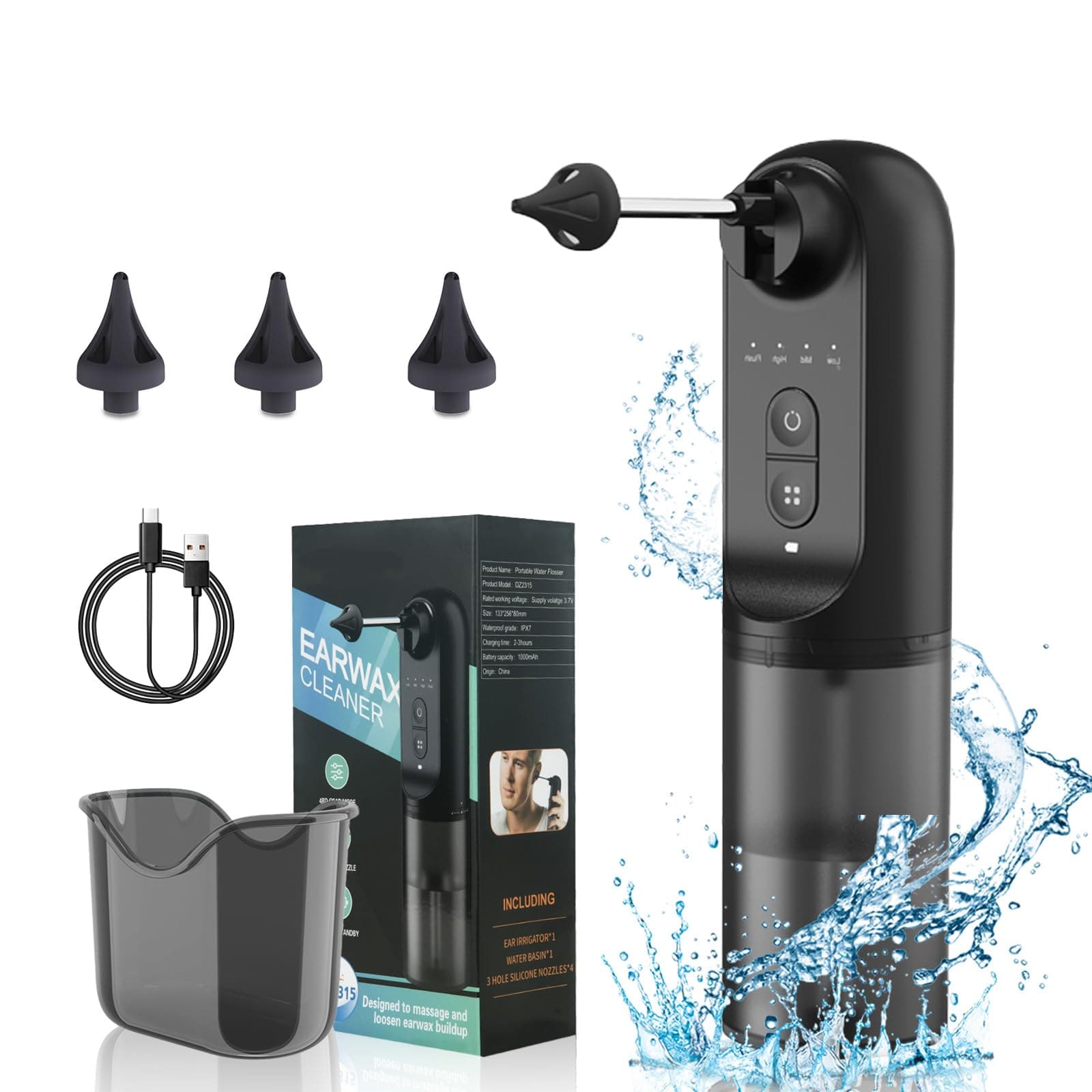 Electric Ear Wax Removal Kit - Eddy Water Powered Ear Cleaner with IPX7 Waterproof - Safe Comfortable Ear Irrigation Flushing System with 4 Pressure Modes for Adults with 4 Reusable Nozzles