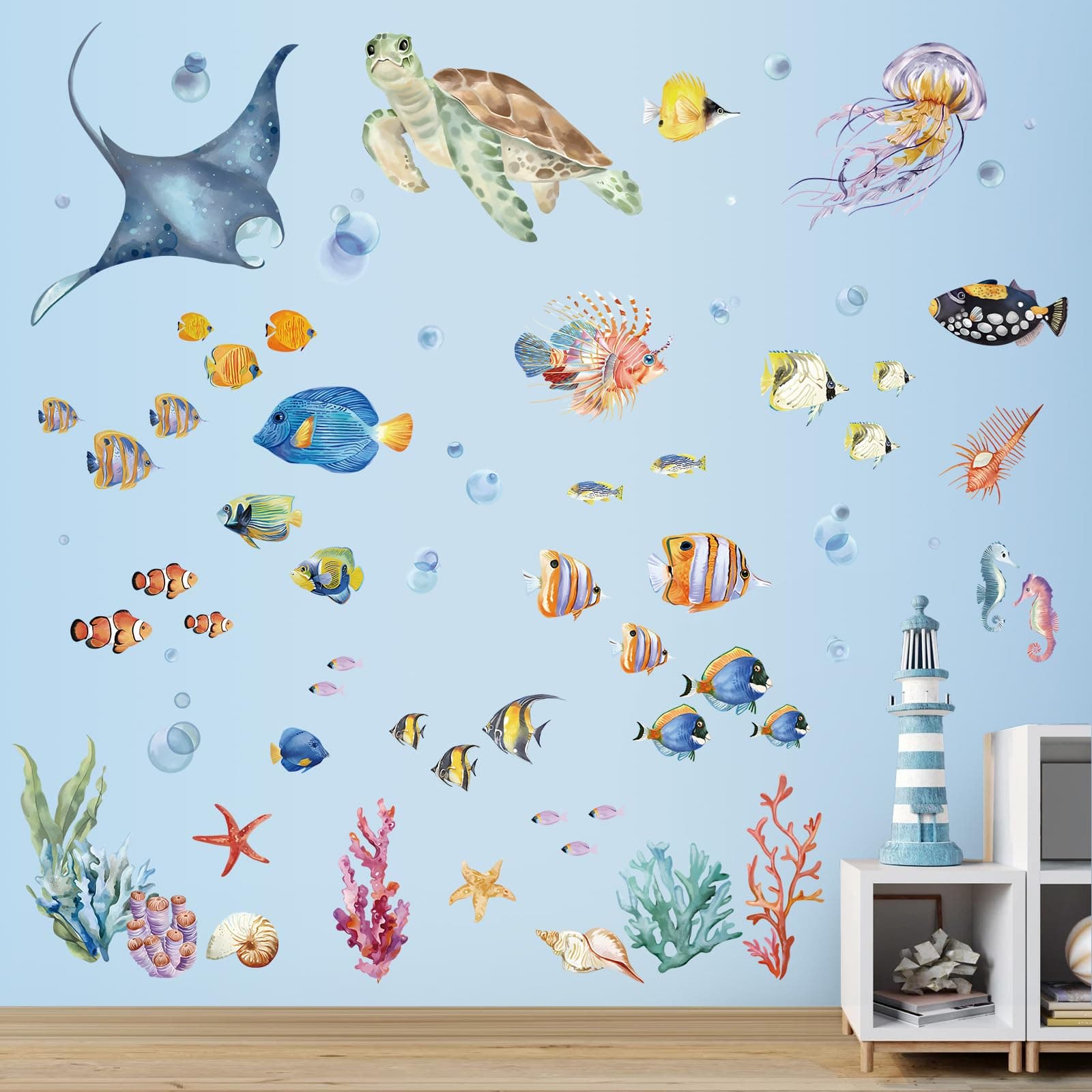 wondever Under The Sea Wall Stickers Tropical Ocean Fish Peel and Stick Wall Art Decals for Baby Nursery Kids Bedroom Bathroom