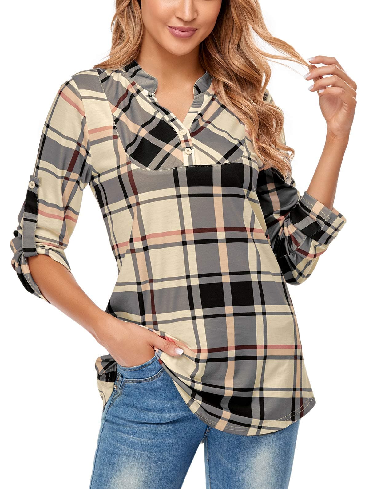 MiuseyWomens Mandarin Collar Plaid Roll Sleeve V Neck Flowy Loose Tunic Blouse