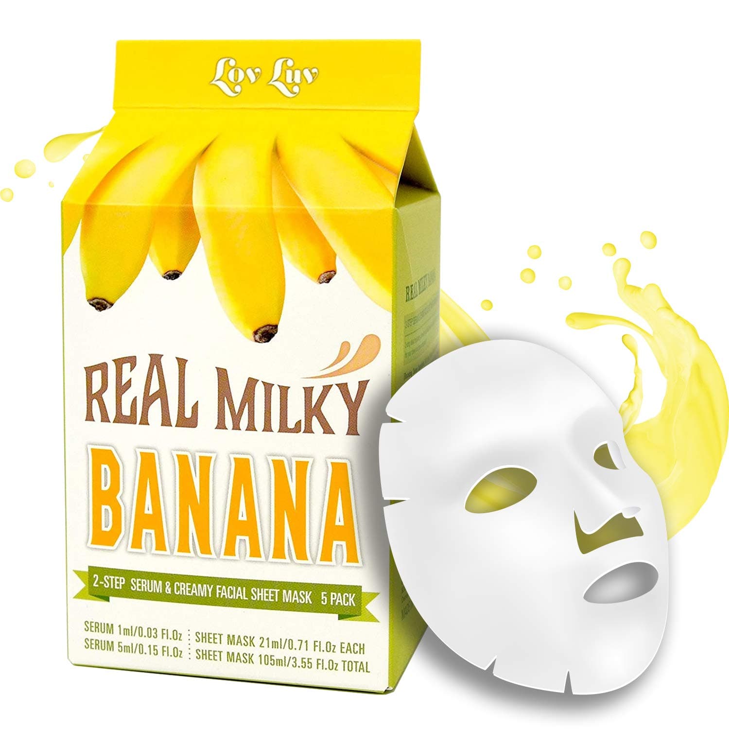 LOVLUV Real Milky Banana Face Masks, K Beauty Moisturizing and Hydrating Facial Sheet Set, Two-Step Skin Care Essence [5 Pack]