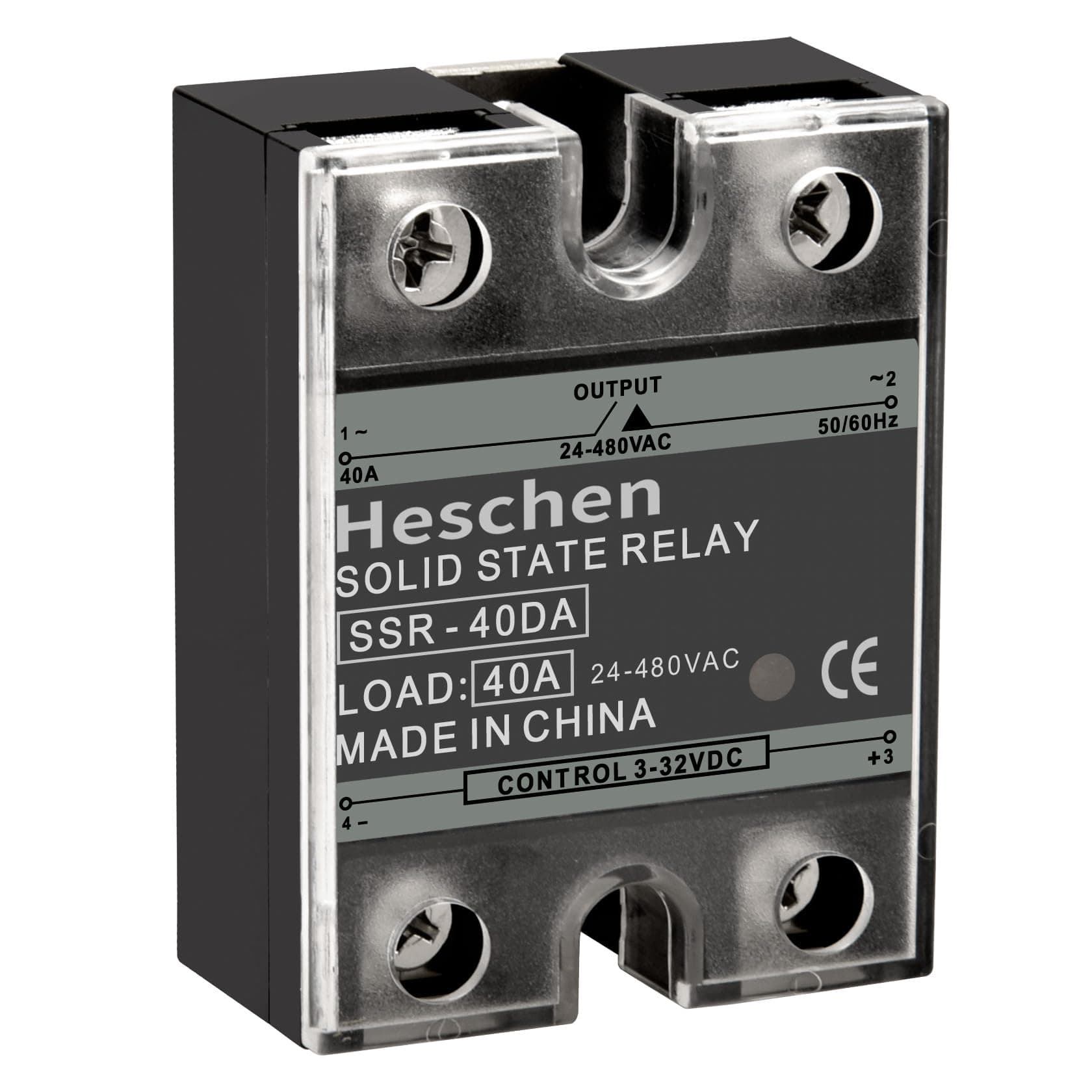 Heschen Single Phase DC/AC Solid State Relay, SSR-40DA, Input 4-32VDC, Output 24-480VAC, 40A 50-60Hz