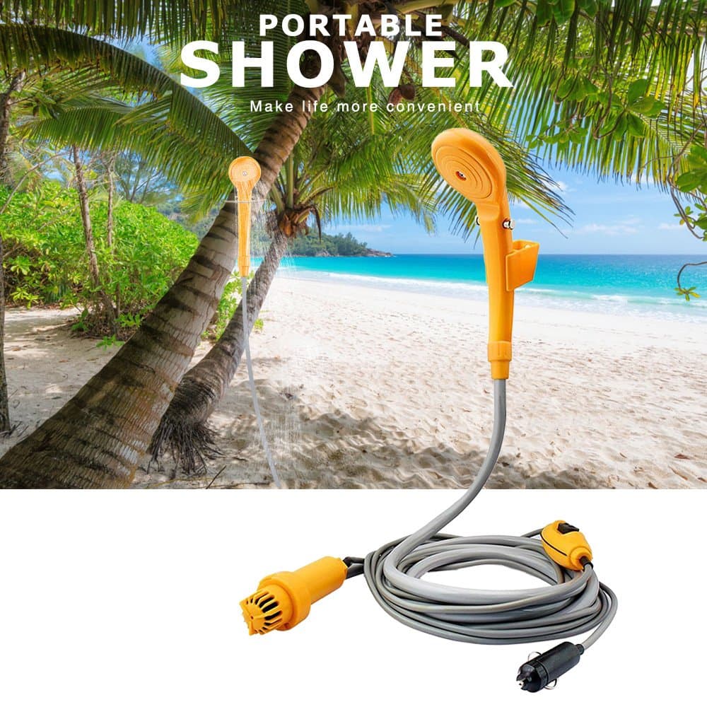 Portable Camping Shower Gear, Gledto Outdoor Handheld Adjustable Showerhead with 12v Cigarette Adapter Car Charger, Pump Water from Bucket into Steady for Camp Trips- Yellow