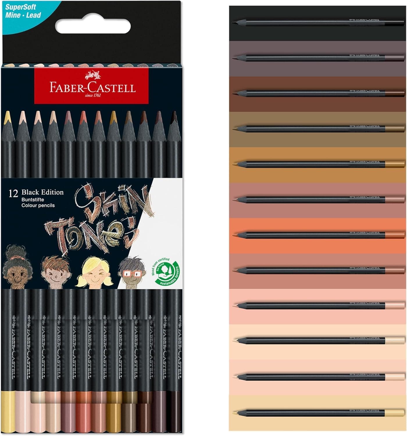 Faber-Castell Black Edition Skin Tone Colored Pencils: 12 Count, Black Wood and Super Soft Core Lead, Skin Tone Colored Pencil Set, Coloring Pencils for Kids, and Beginners, Art Supplies for Teens