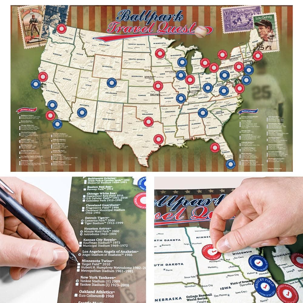 Map Your Travels Ballpark Travel Quest Poster Set | Laminated and Includes Stickers | 17"x28" | Made in the USA