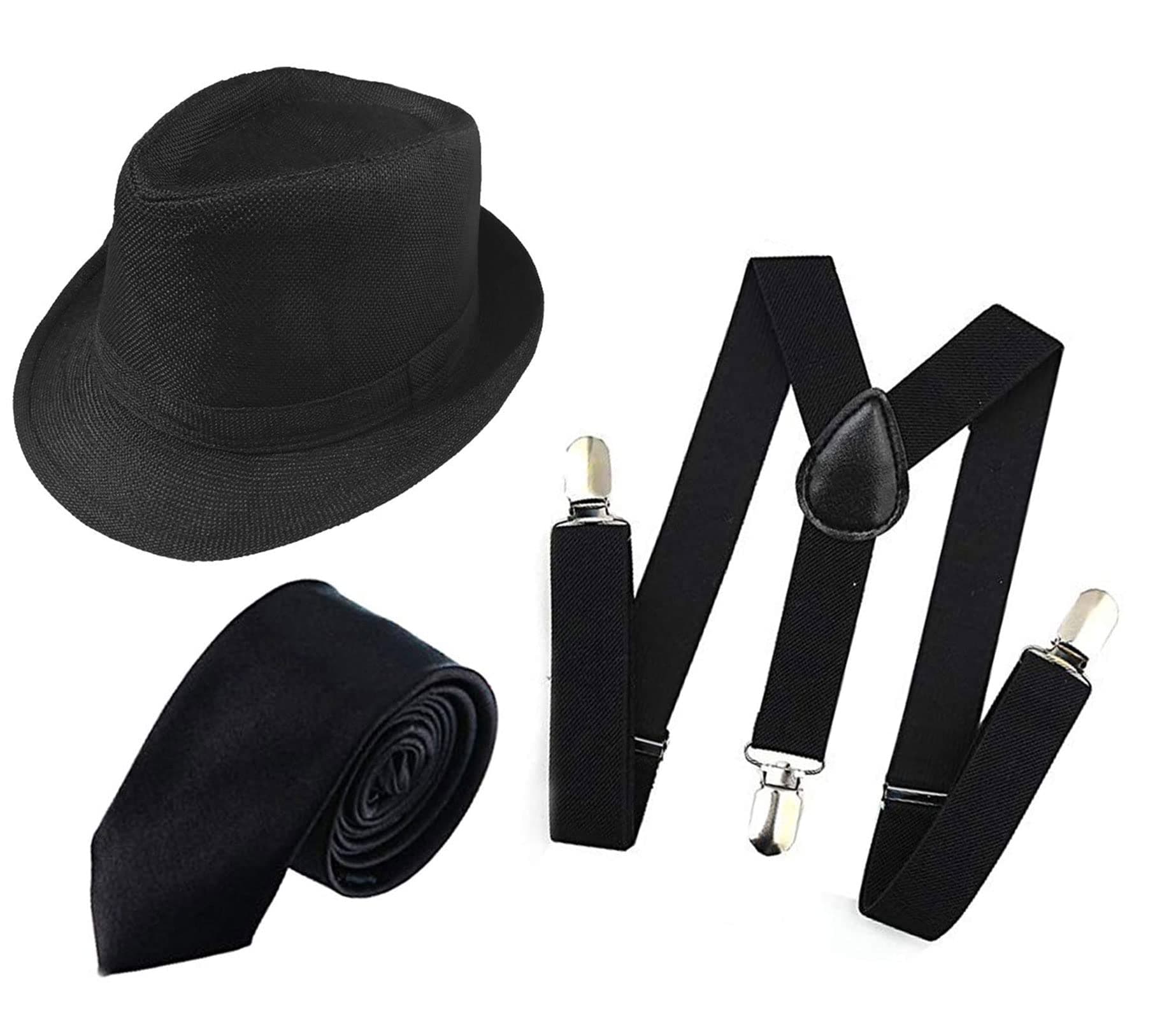 1920s Mens Accessories Set Manhattan Fedora Hat for Men,1920s Tie (black2)