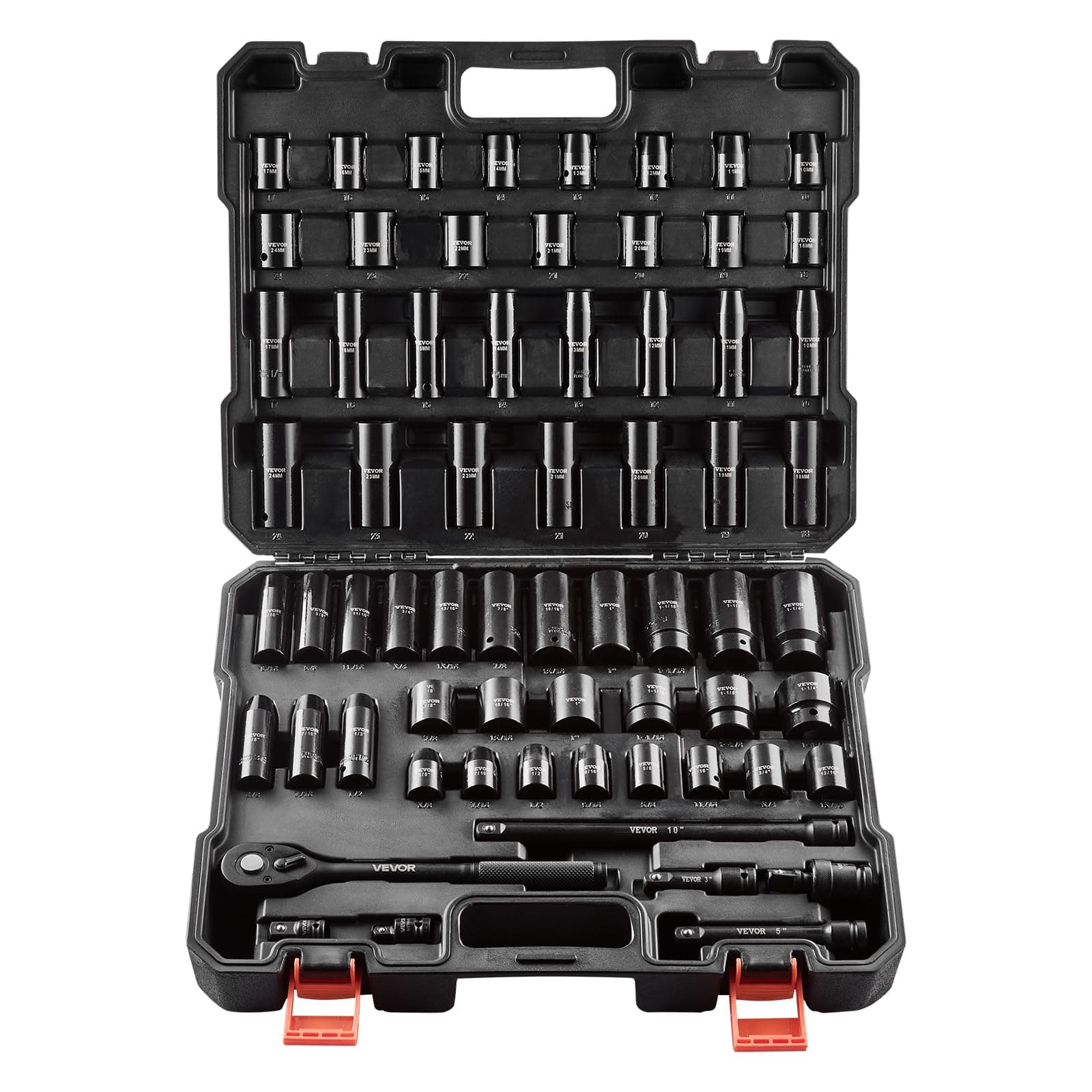 1/2" Drive Impact Socket Set, 65 Piece Socket Set SAE 3/8" to 1-1/4" and Metric 10-24mm, 6 Point Cr-V Alloy Steel for Auto Repair, Rugged Construction, Easy-to-Read Size Markings, Storage Case