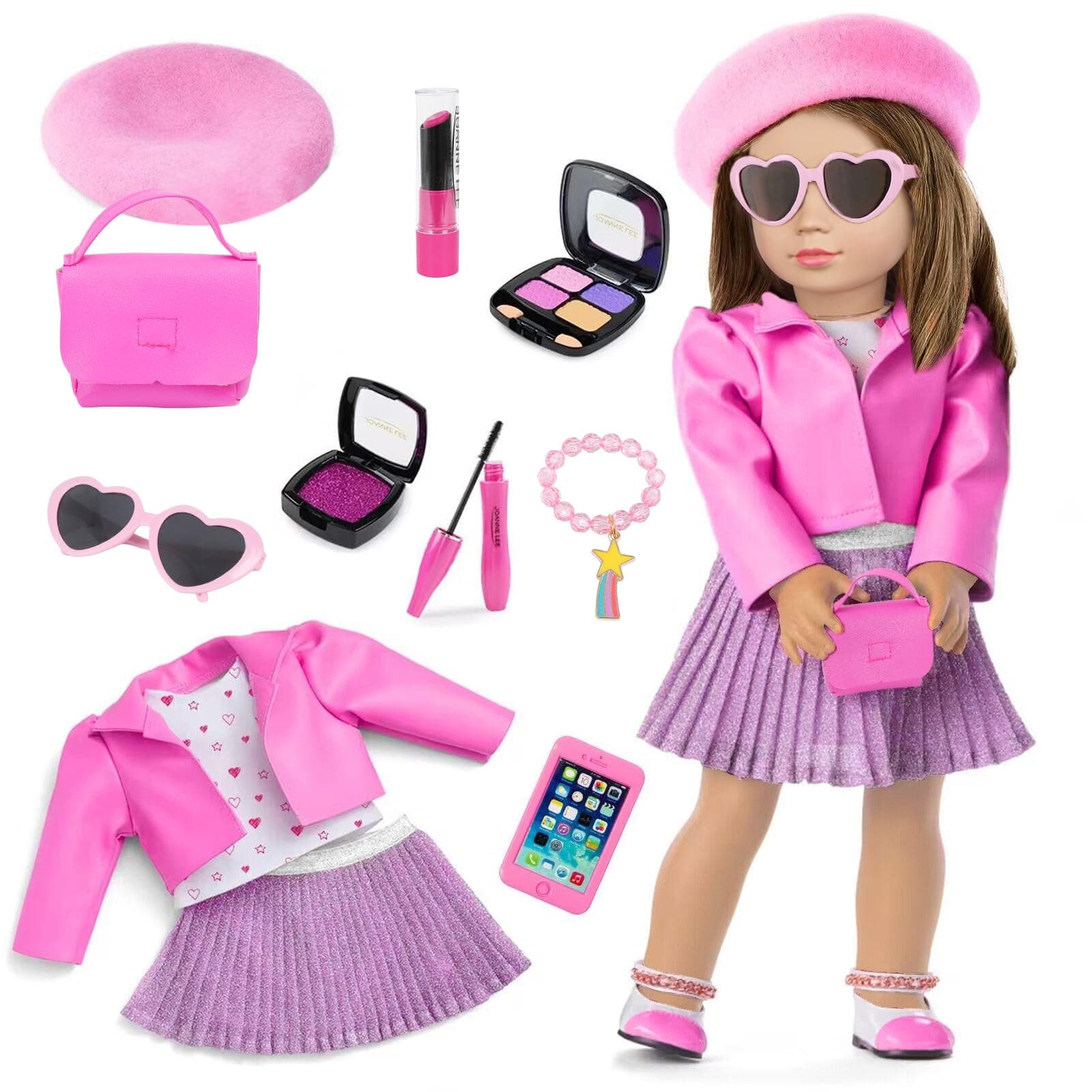 American 18 Inch Doll Makeup Accessories And Clothes,Tote Bag Set For 18" Dolls Include Berets Outfits Sunglasses Phone Eye Shadow Lipstick Blusher Bracelets Eyelash Brush Toy Stuff(No Doll And Shoes)