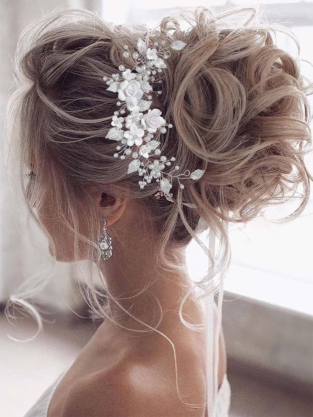 Flower Bride Wedding Hair Vine Pearl Hair Accessories Bridal Headband Headpiece for Women and Girls (Silver)