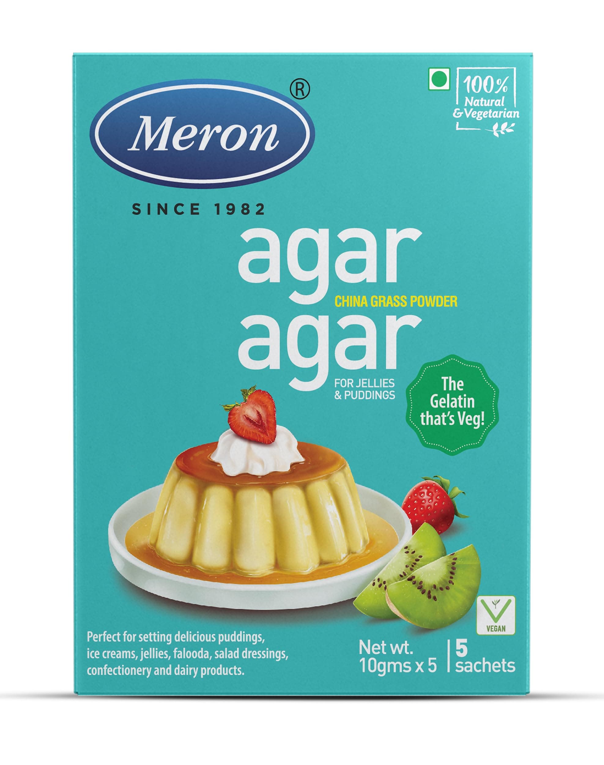 Meron Agar Agar Powder – 5 x 10g | 100% Plant-Based Gelatin Substitute | Vegan Gelling & Thickening Agent for Jelly, Pudding & Desserts | Food Grade Seaweed Extract
