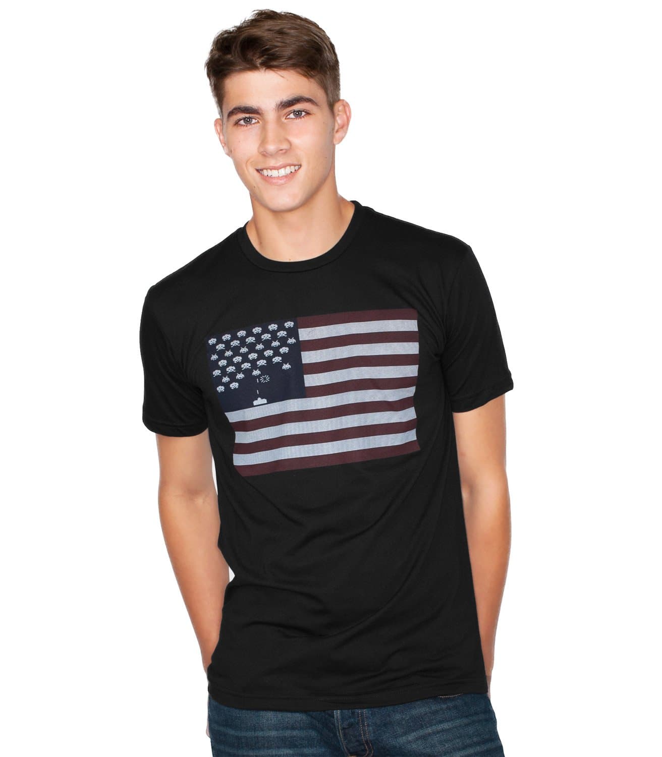 Headline Shirts Men's Black Poly/Cotton Space Invaders Flag Video Games T-Shirt