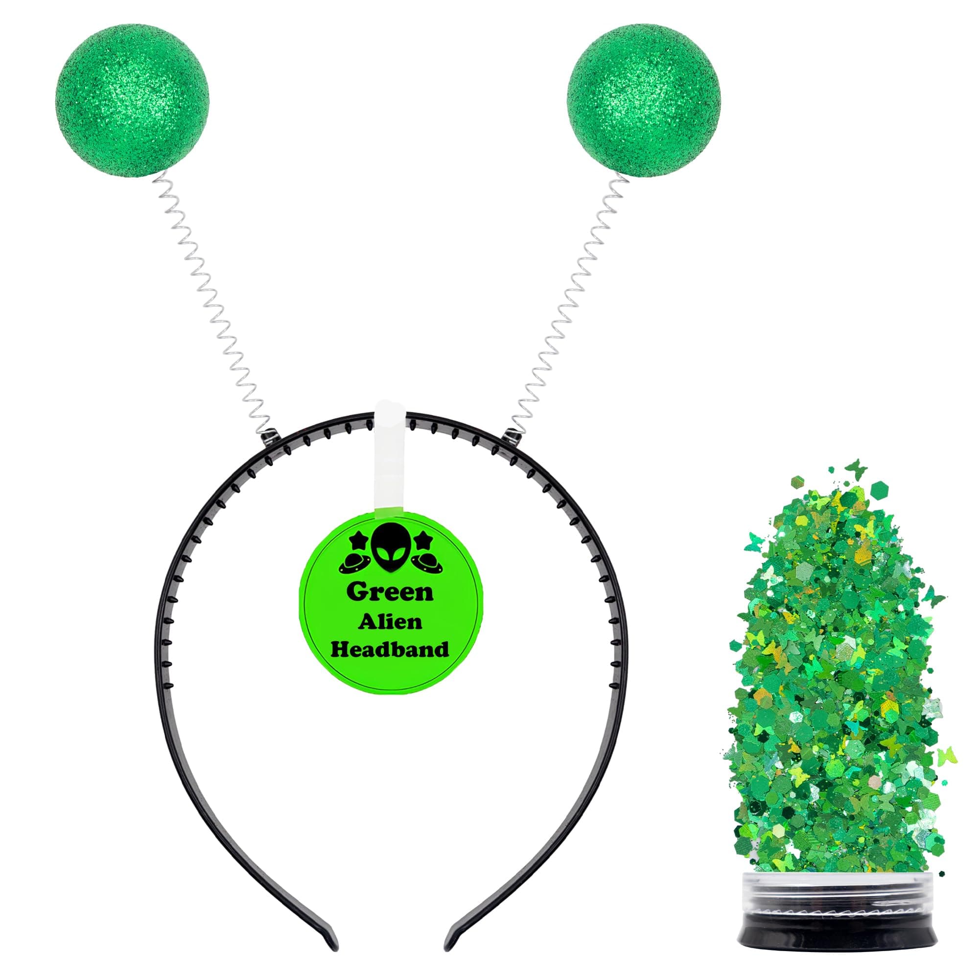 Green Alien Antenna Headband and Glitter – Martian Costume Accessories for Cosplay, Festivals and Theme Parties