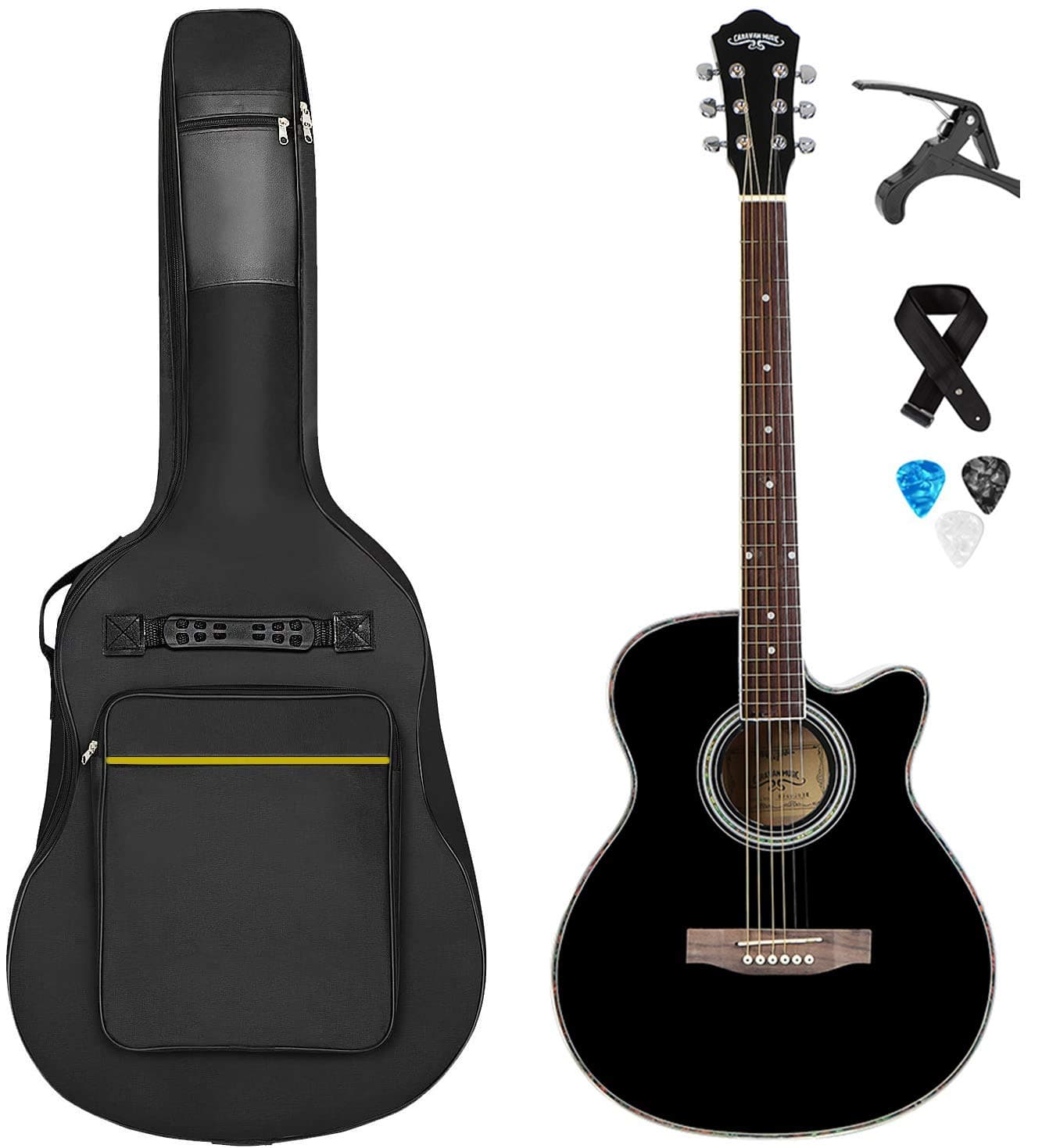CARAVAN MUSIC 40 inch Acoustic Guitar in Full Size Beginner All Wood Cutaway Starter Set with Free Bag/Capo/Picks/Strap (BLACK)