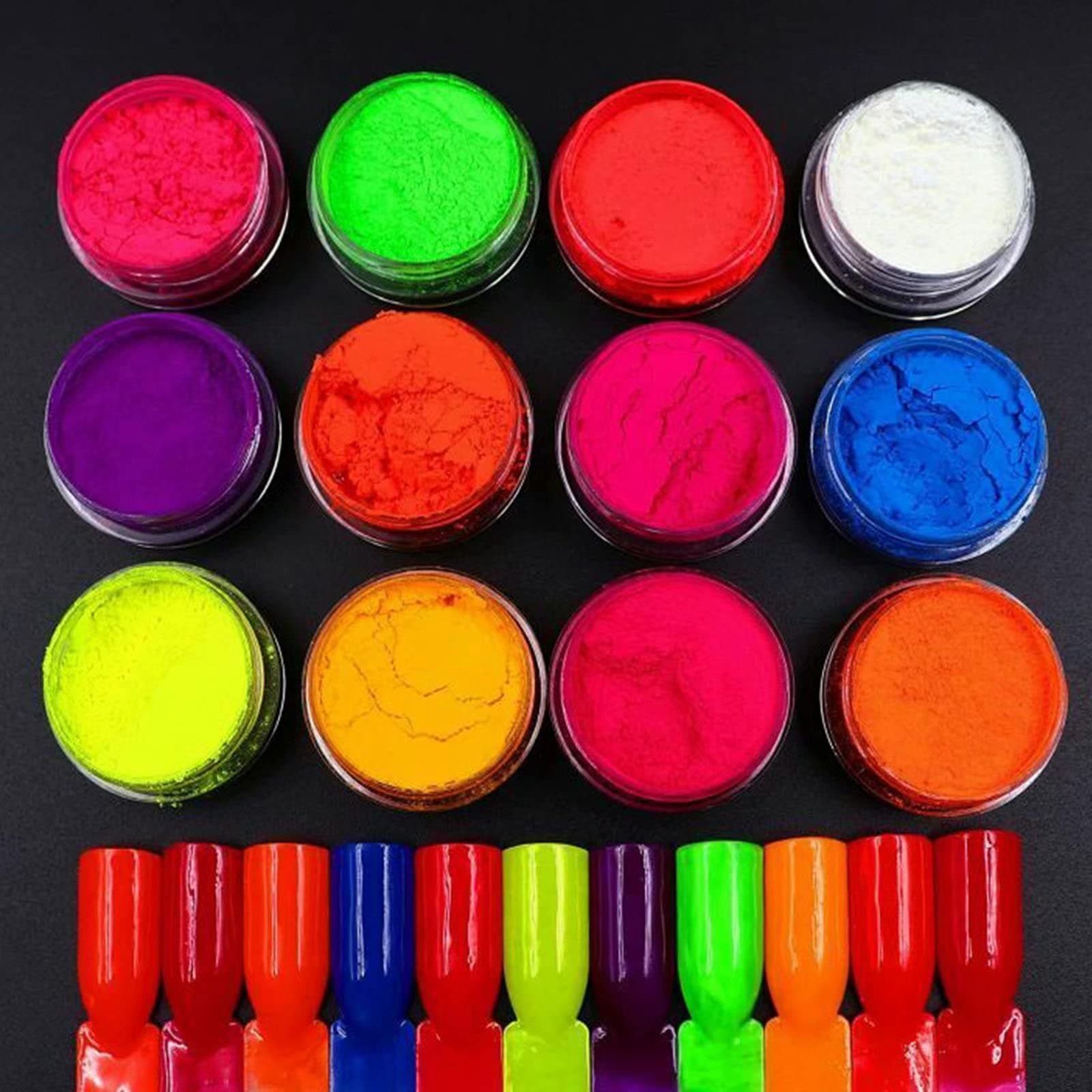 12 Colors Neon Pigment Nail Powder, Kalolary Fluorescent Iridescent Acrylic Matte Powder for Halloween Christmas Birthday Party Eyeshadow Makeup Nail Art Decoration