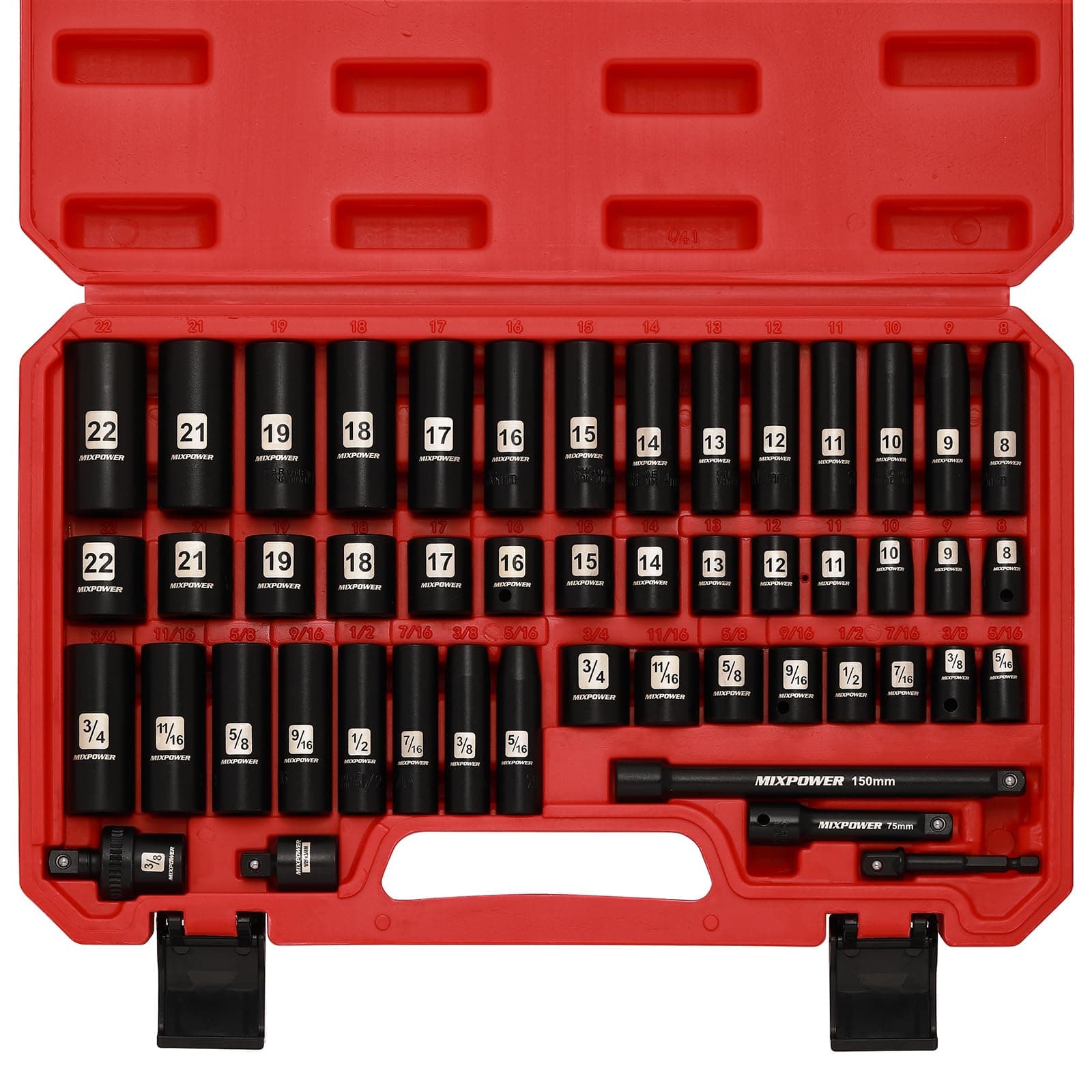 3/8" Drive Deep Impact Socket Set, 6 Point, 49 Piece Standard SAE and Metric Sizes-5/16-Inch to 3/4-Inch and 8-22 mm, 3/8'' impact universal joint, Cr-V Steel Mechanic Socket Set