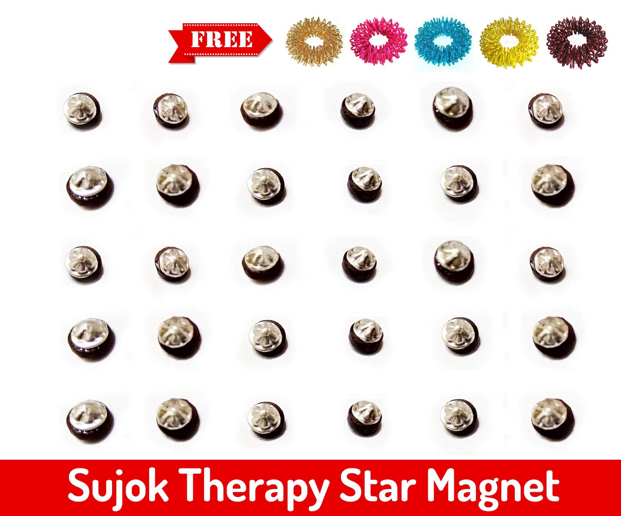 Sujok Therapy Star Magnets Round (Set of 30) + Free 5 Acupressure Massage Rings