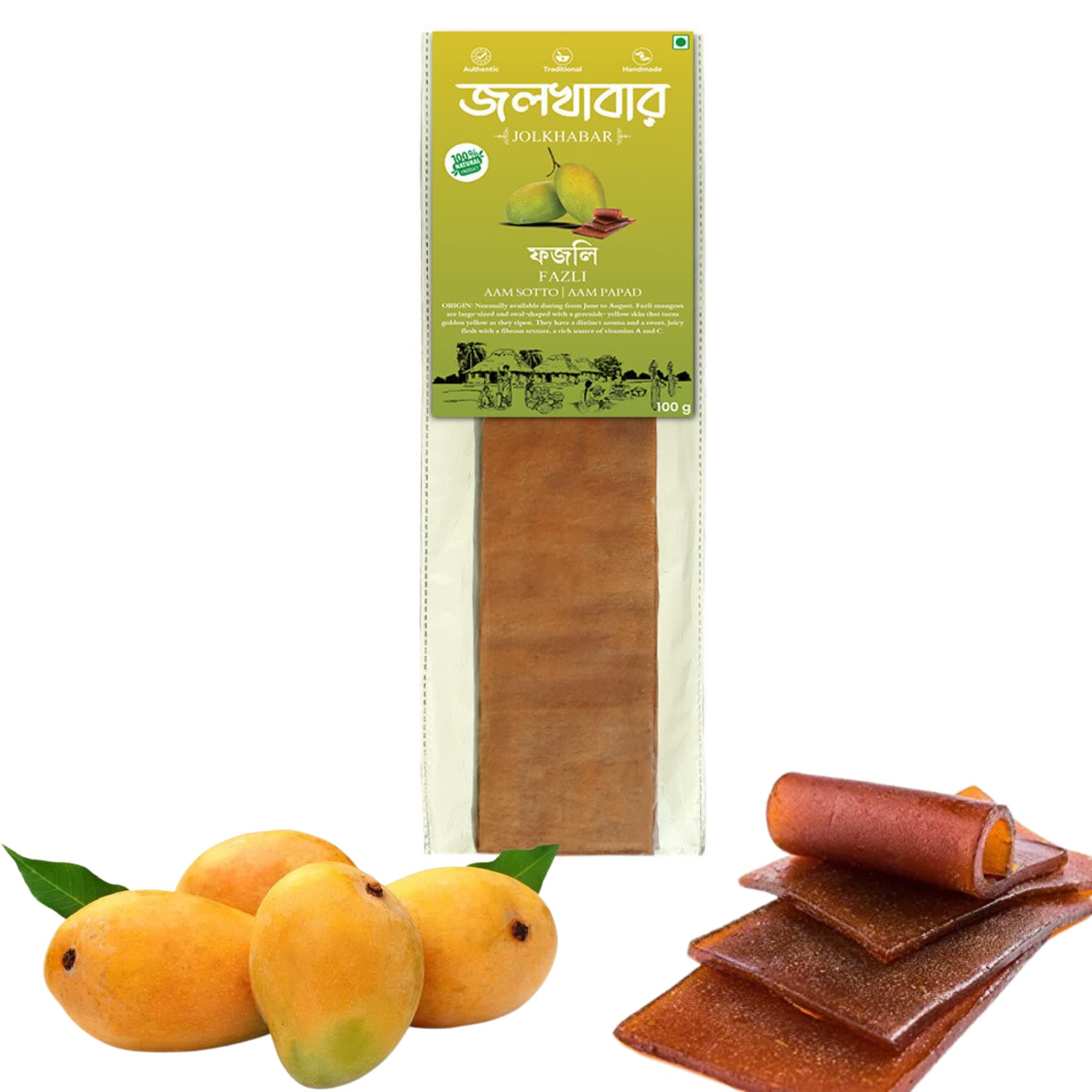 JOLKHABAR | FAZLI AAM Sotto | Fazli Mango Aam Papad | Aam Sotto | 100% Natural | Sundried | Authentic - Traditional - Handmade | Natural Sweetness of Mango | 100gm Pack