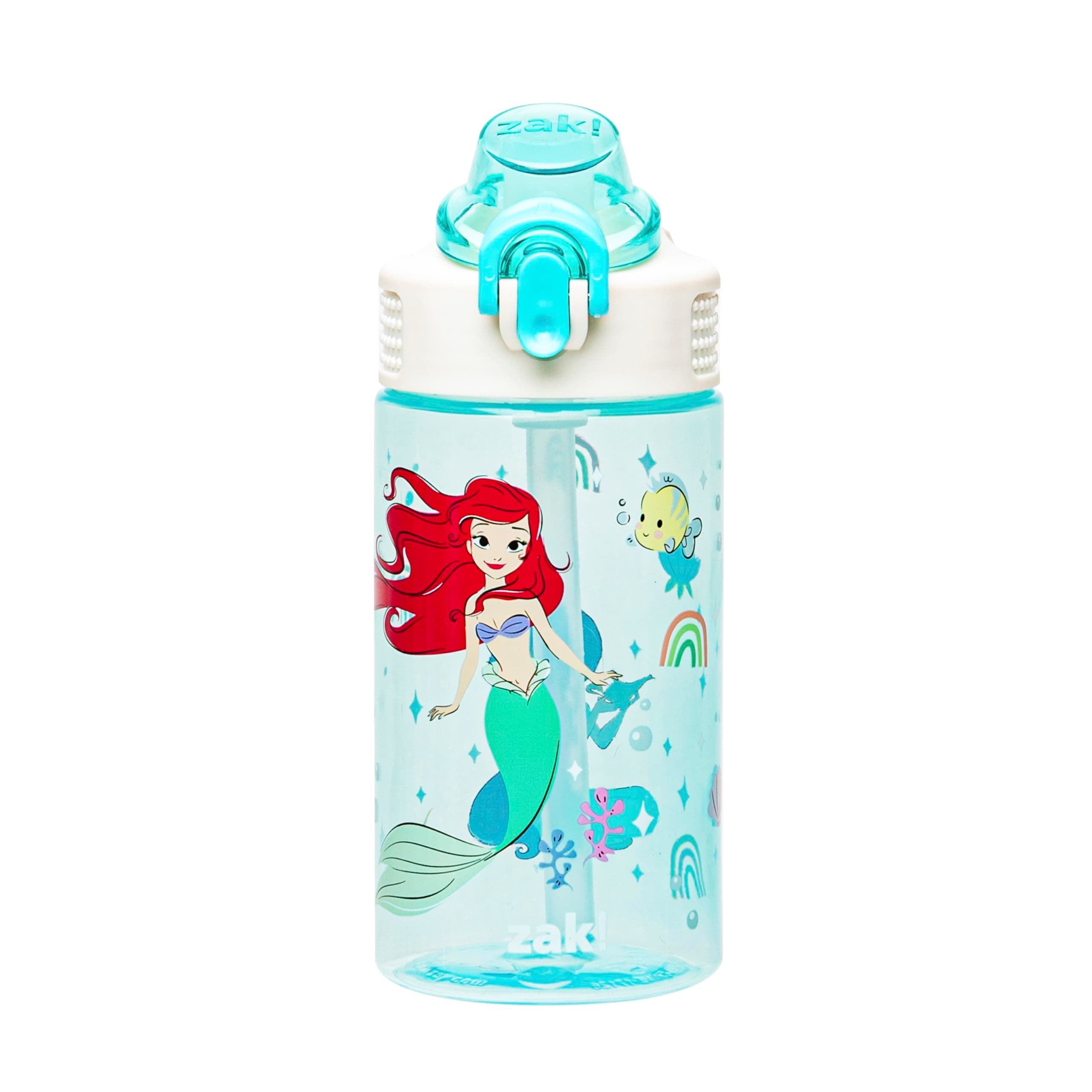 Zak Designs Disney Princess Sage Water Bottle For School or Travel, 16oz Durable Plastic Water Bottle With Straw, Handle, and Leak-Proof, Pop-Up Spout Cover (Ariel & Jasmine)