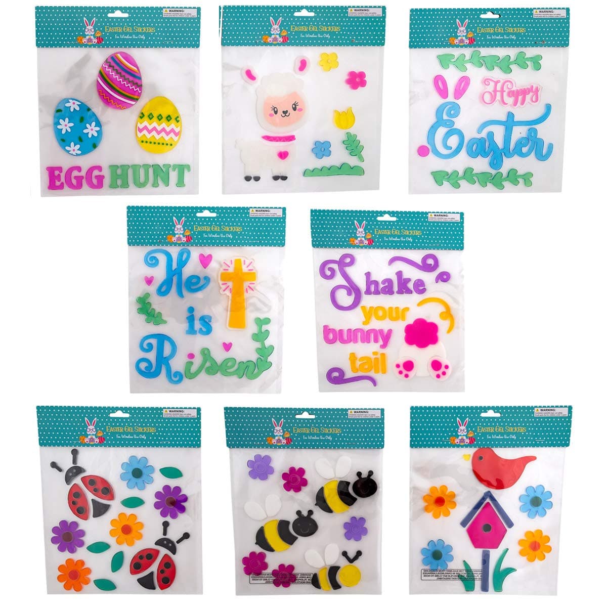 Easter & Spring Window Gel Cling Decorations - 8 Sheet Sets - Easter Eggs, Bunnies, Frogs, Flowers, Snails, Lamb, Happy Easter and Hello Spring Designs