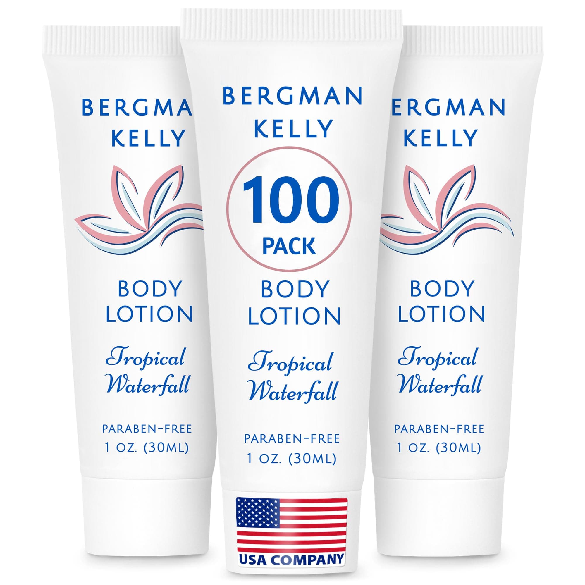 BERGMAN KELLY - Travel Size Lotion - 1 fl oz, 100 PK, Tropical Waterfall - Delight Your Guests w/Invigorating & Refreshing Body Lotion - Quality Mini & Small Size Guest Hotel Toiletries in Bulk