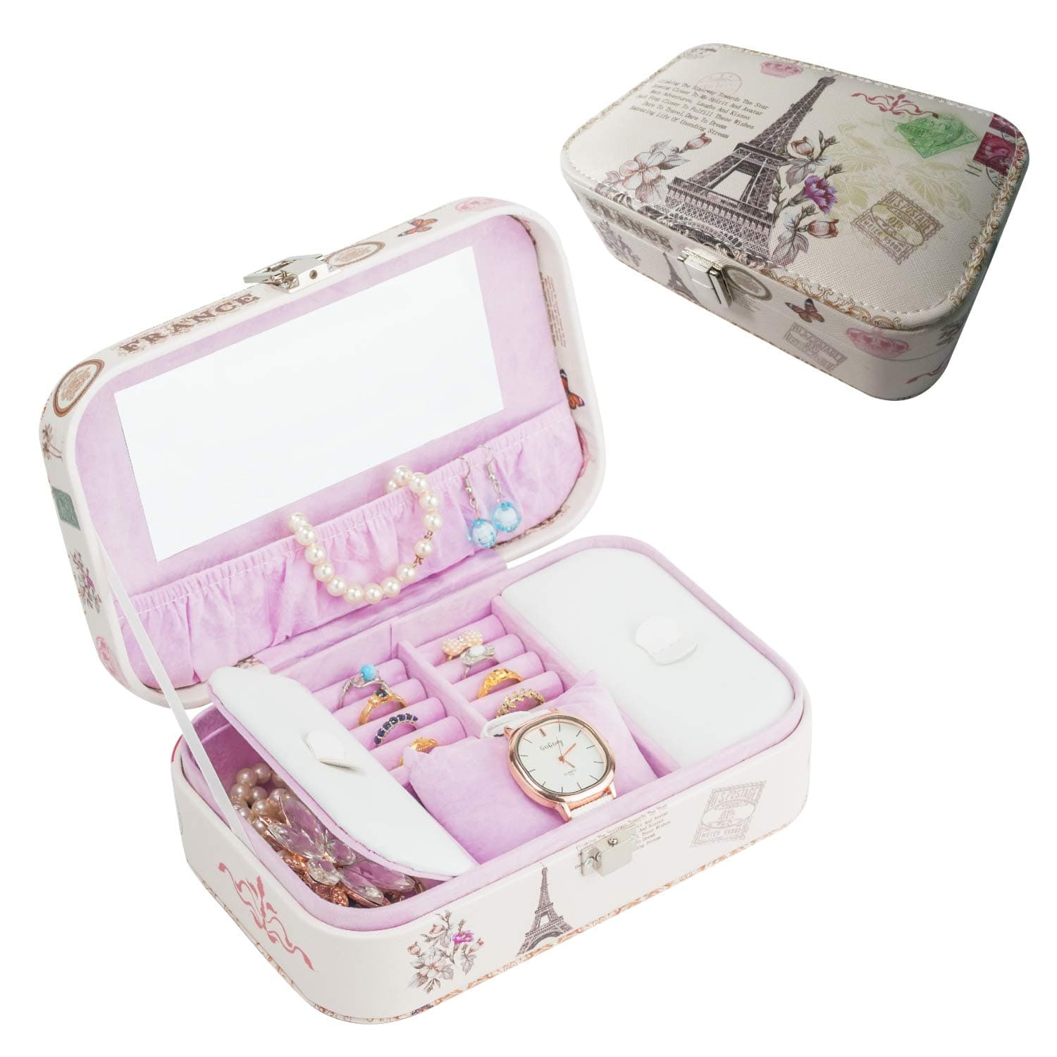 Eiffel Tower Jewelry Box Organizer | PU Leather Display Storage Case with Lock | For Rings, Earrings, Necklace, Watch, Bracelet | Built-In Velvet Mirror & Pouch | 9” X 6.3” X 2.7” (White)