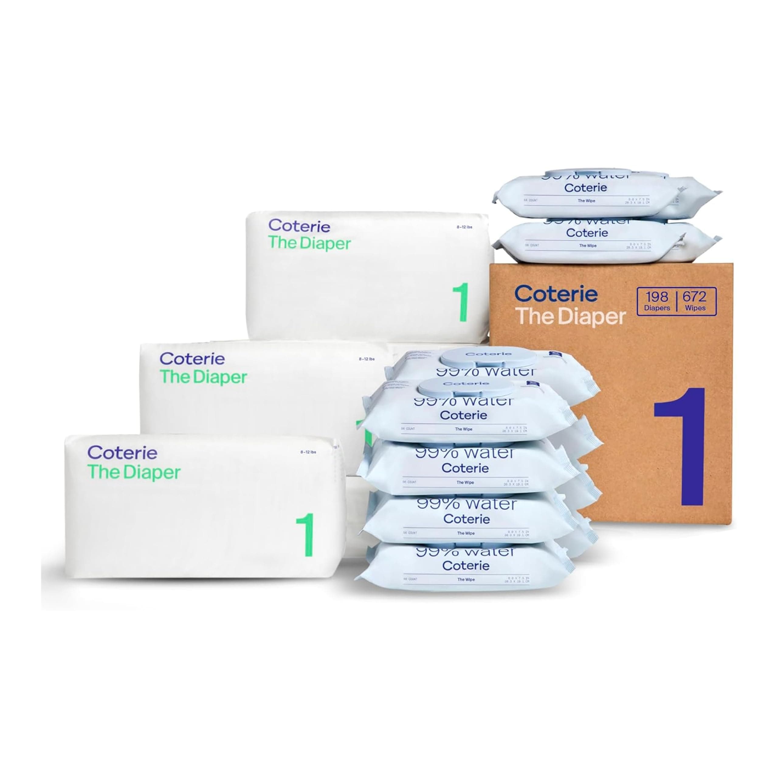 Baby Wipes + Diapers Kit, Size 1 Diapers (198 Count) & 12 Pack (672 Count) Baby Wipes with 99% Water, Plant Based Materials, Hypoallergenic for Sensitive Skin