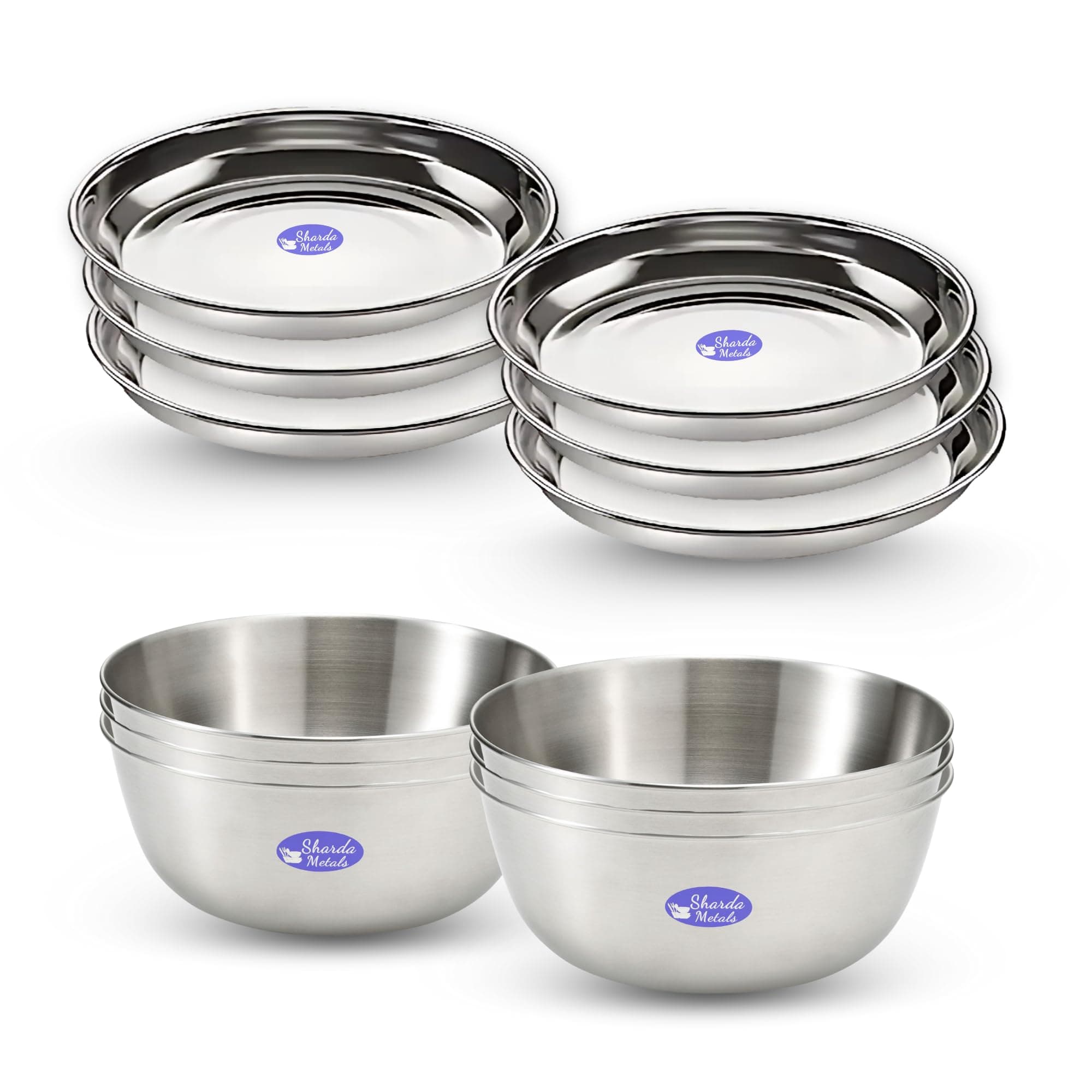 Sharda Metals Stainless Steel 6 Plates and 6 Bowls Dinner Set, for Serving Rice, Poha, Halwa, Dessert, Snacks, Lunch, Breakfast, and Side Dishes, Plates Measuring 5 Inches Each and Bowls with 200 ml