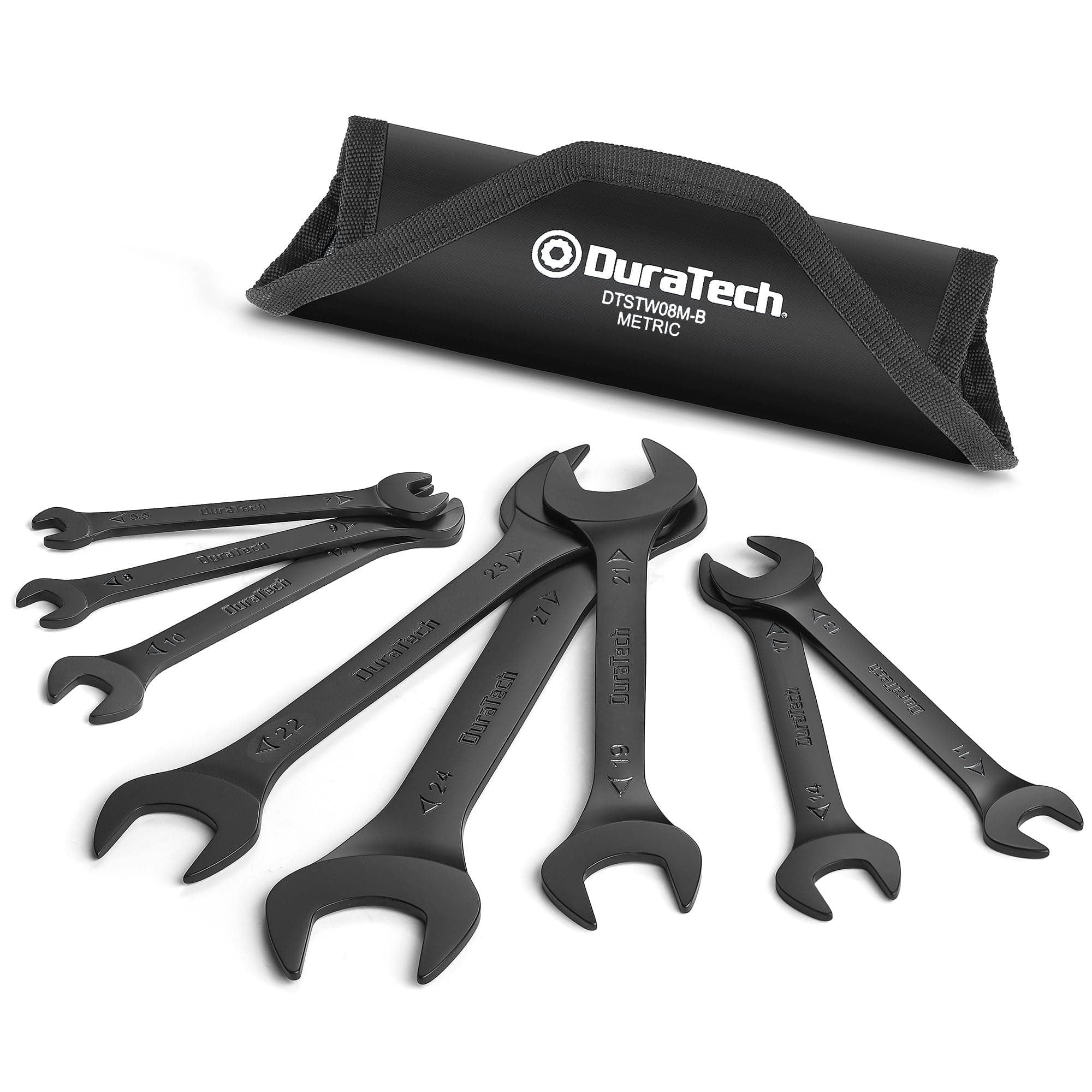Super-Thin Open End Wrench Set, Metric, 8-Piece, 5.5mm to 27mm, Black Electrophoretic Coating, with Rolling Pouch