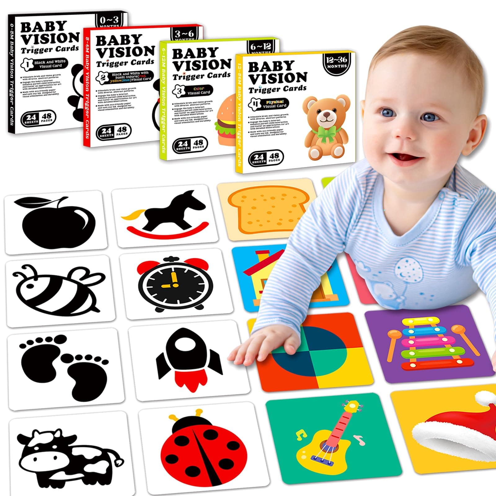 High Contrast Baby Flash Cards Baby Visual Stimulation Cards, 192Page Black and White Colorful Baby Toys for 0-3-6-12-36 Months Newborn Infant, Black White Card Set
