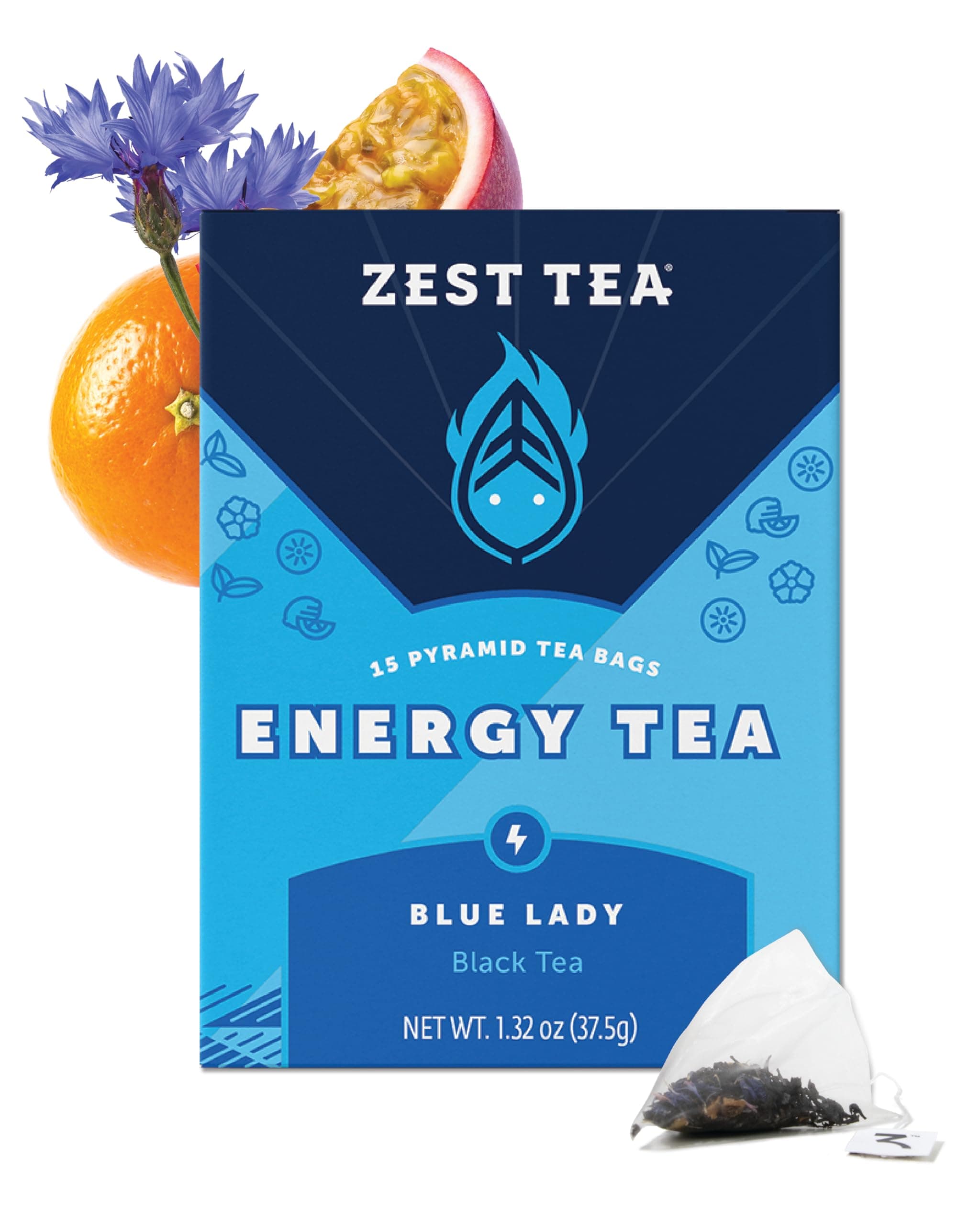 Energy Tea Bags – Blue Lady Passion Fruit Black Tea – High Caffeine Tea for Morning Energy, Focus & Clarity – Natural Caffeinated Tea with 150mg Caffeine – 15Ct Box – Non-GMO & Keto Friendly