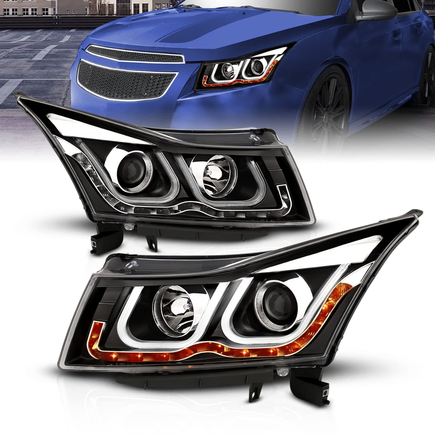 AmeriLite for 2011-2015 Chevy Cruze U-Type LED Tube Black Replacement Projector Headlights Pair w/Bulbs - Passenger and Driver Side