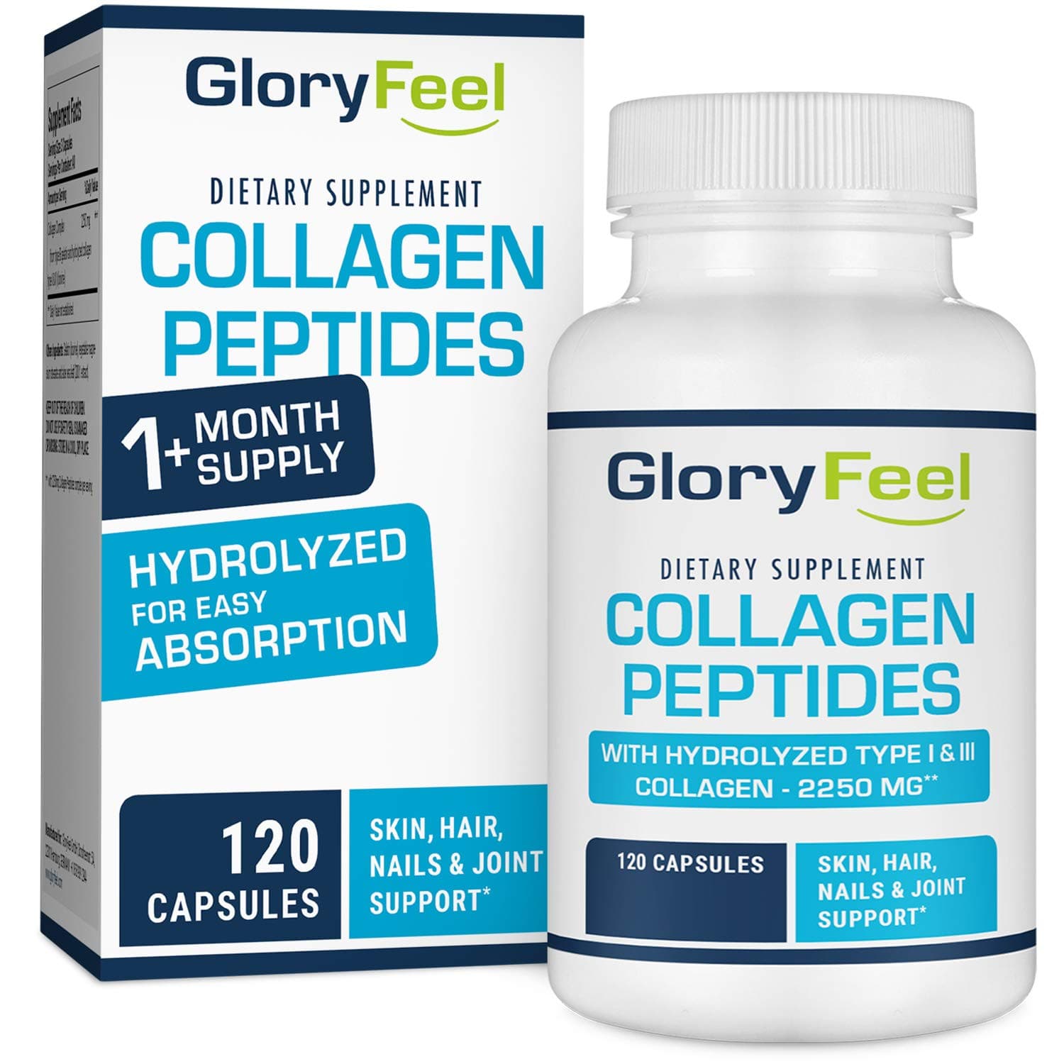 Gloryfeel Hydrolyzed Collagen Pills for Women & Men (Types I & III) - Collagen Peptides for Anti-Aging, Hair, Skin, Nails and Joints (120 Collagen Capsules)