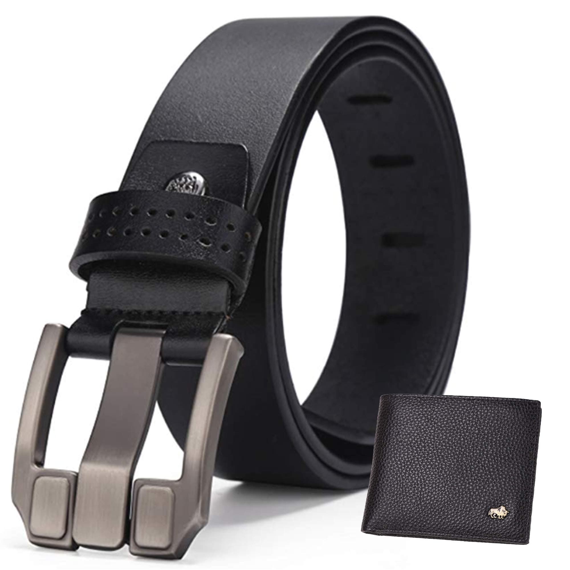 BISON DENIM Men's genuine Leather Belt Pin Buckle Belt Antique Casual Style Belt