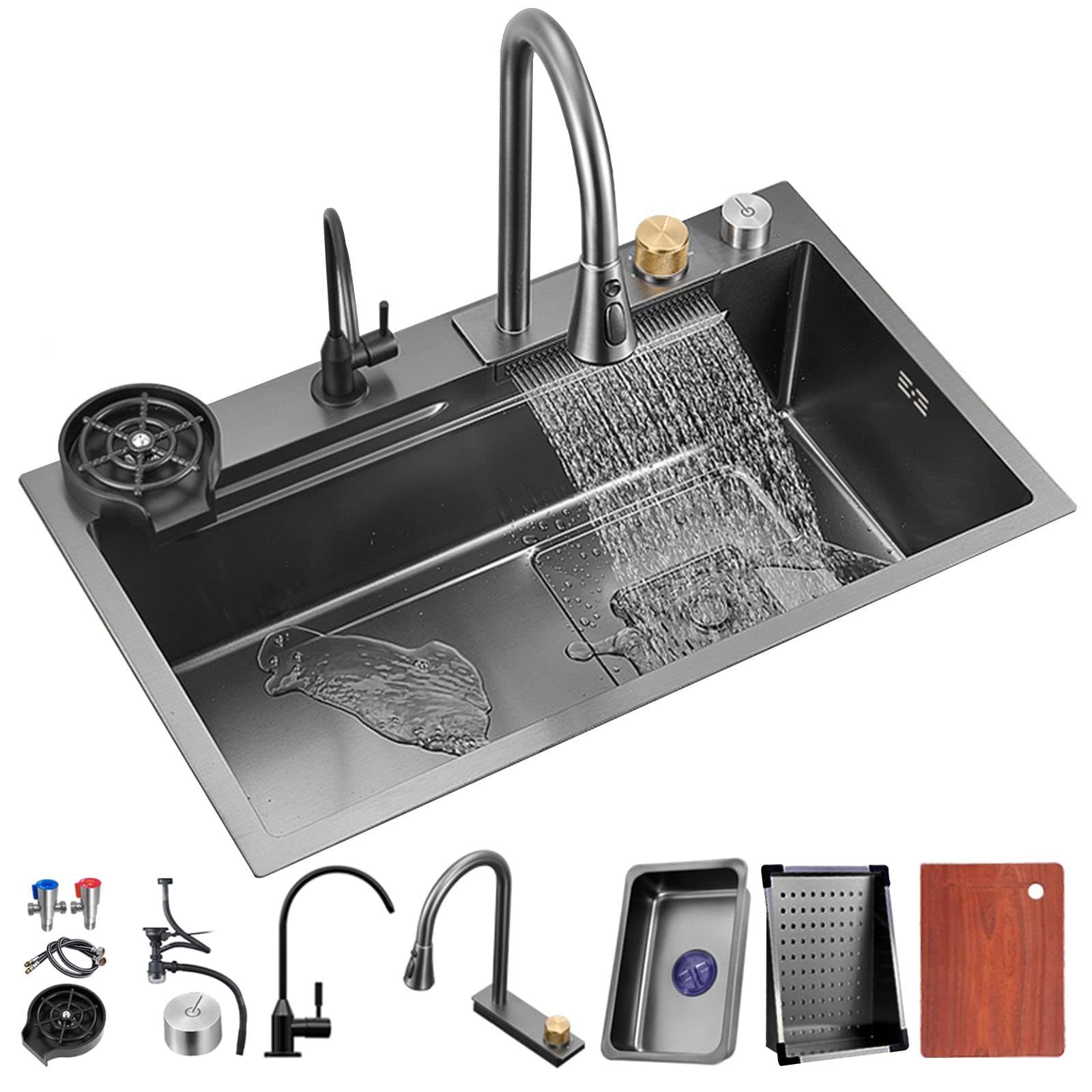 Kitchen Sink 304 Stainless Steel Nano Raindance Waterfall Sink Home Vegetable Basin Single Workstation Kitchen Sink with Pull-Out Faucet, Pressurized Cup Washer (75 * 45 * 20cm)