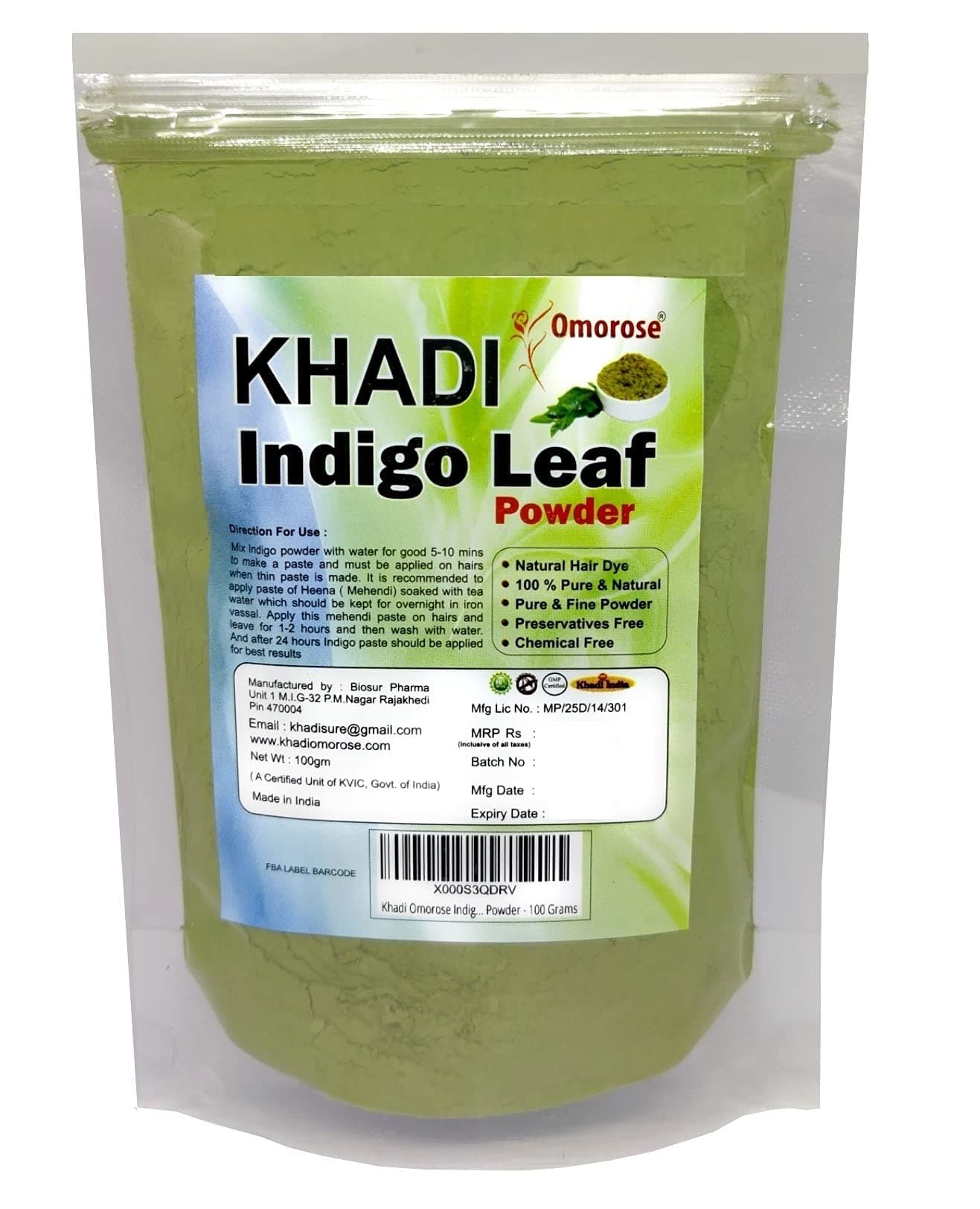 Khadi Omorose Indigo Leaf Powder For Hair (100 Grams) (Pack of 1)