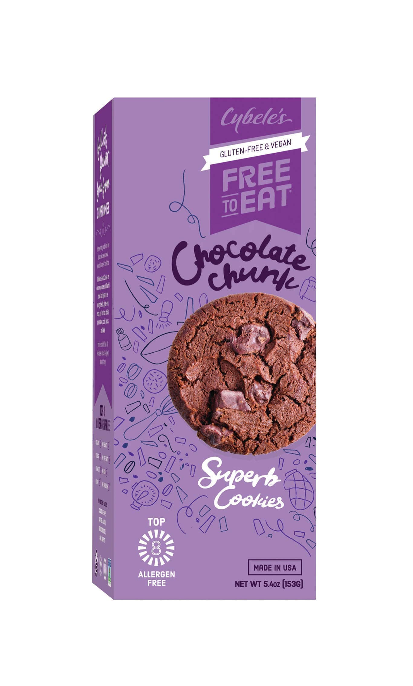 Cybele’s Free To Eat Gluten-Free & Vegan Cookies | Chocolate Chunk | Plant-Based Dairy & Soy Free, Nut Free | Soft-Baked School Safe Snack For Kids & Adults | 12 Cookies Per 5.4 oz Box (Pack of 1)