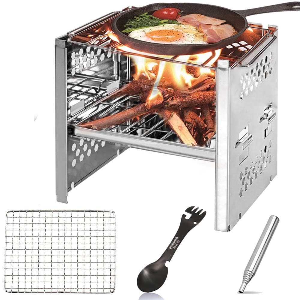 PSKOOK Camping Stove Portable Folding Lightweight Stainless Steel Stove Wood Burning Backpacking Stove Picnic BBQ Cooker with Pocket Bellow