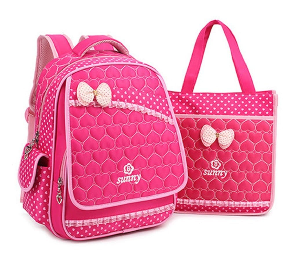 Kamabags Kids Gilrs Cute Nylon School Backpack with Lunch Bag (2-9 Years, Rose red)