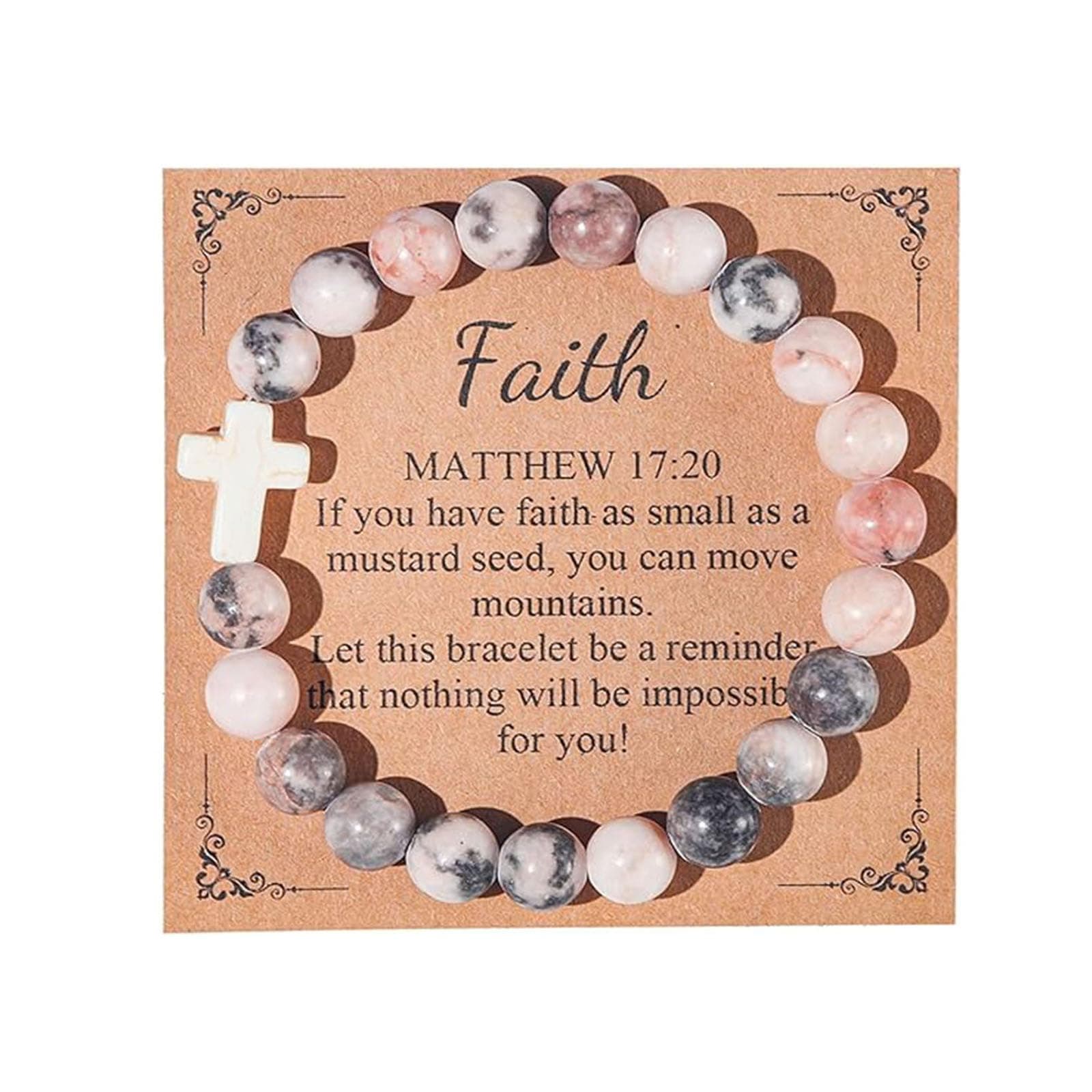 Handmade Natural Stone Beaded Cross Pendant Crucifix Religious Catholic Bracelet Faith Inspirational Elastic Rope Protection Pray Jewelry for Women