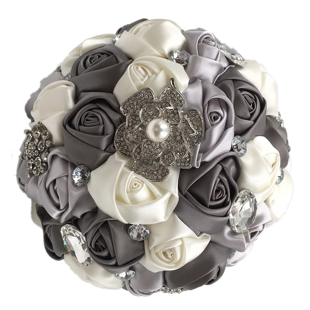 Abbie Home 8" Bridal Bouquet with Crystal Rhinestones Ivory Grey Rose Wedding Holding Flowers (Grey)