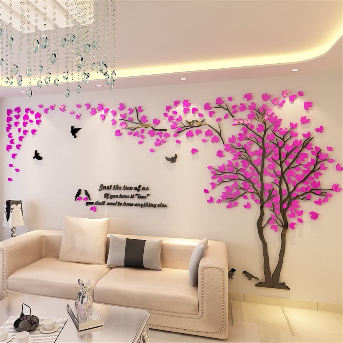 DIY 3D Huge Couple Tree Wall Stickers Crystal Acrylic Wall Decals Wall Murals Home Decorations Arts (M, Pink, Left)