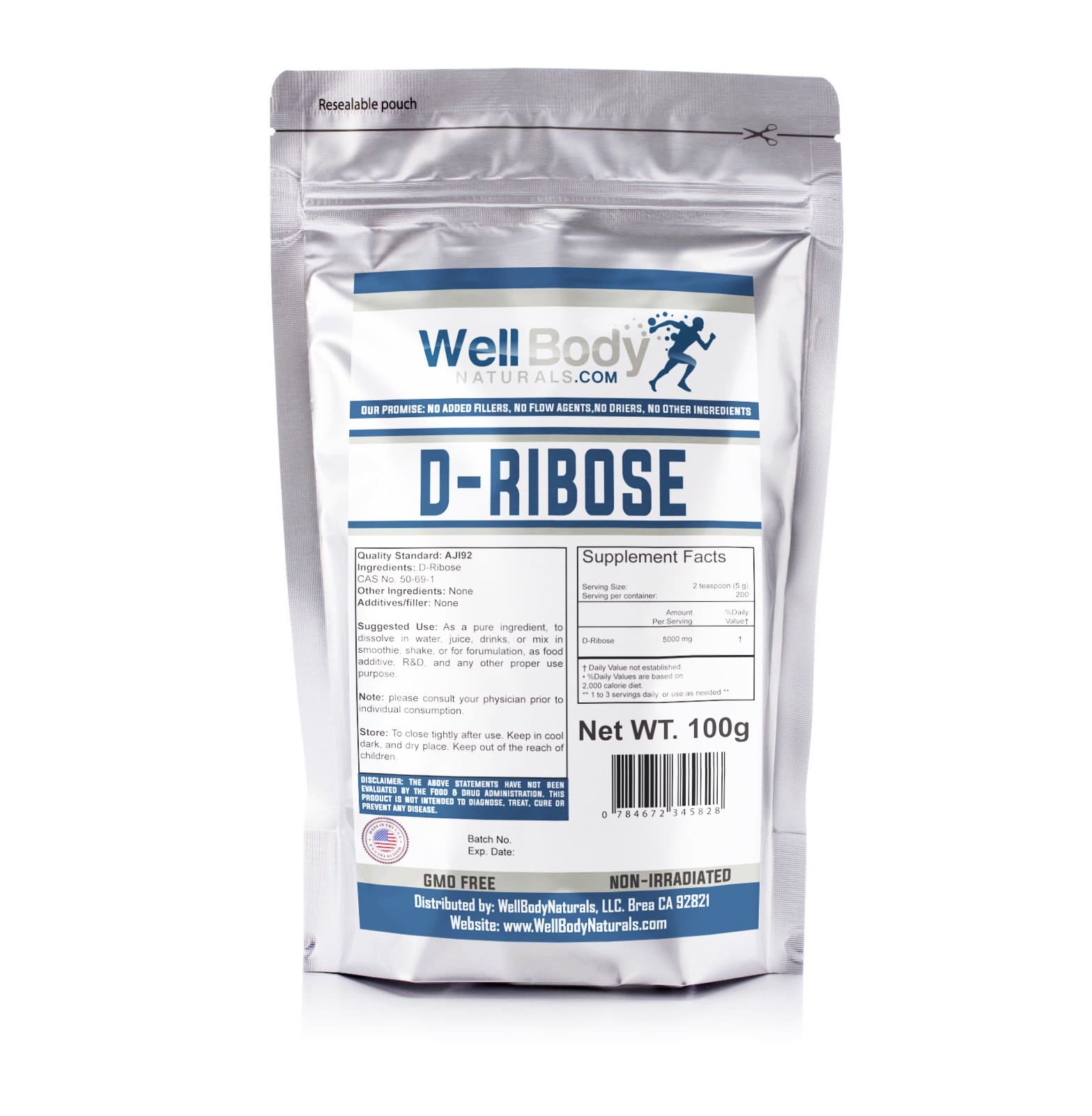 Well Body Naturals 100% Pure D-Ribose Powder 100 Grams - Pharmaceutical USP Grade