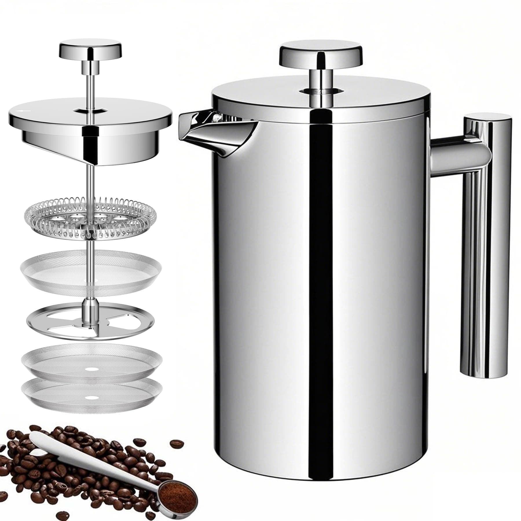 French Press Coffee Maker, 600ml/20oz Silver Stainless Steel Coffee Press, Double-Wall Insulated, Food Grade & Rust-Free, Included 2 Extra Filters, Dishwasher Safe