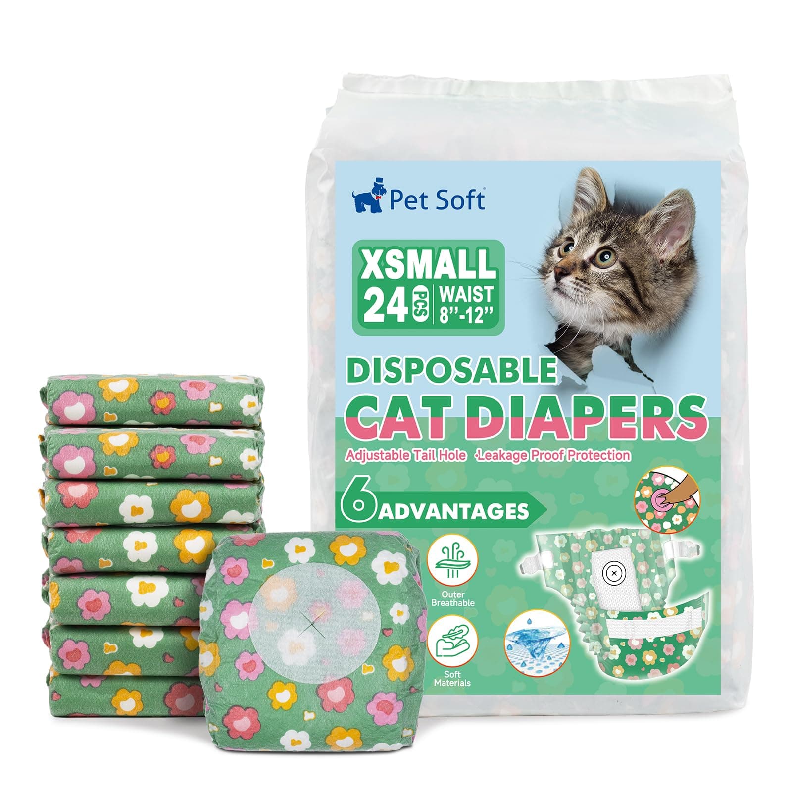 Pet Soft Disposable Cat Diapers - Diaper for Female & Male Cats, Puppy Doggie Diapers for Female Dogs with Adjustable Foam Tail Hole, X-Small (24Pcs, GN Flowers)