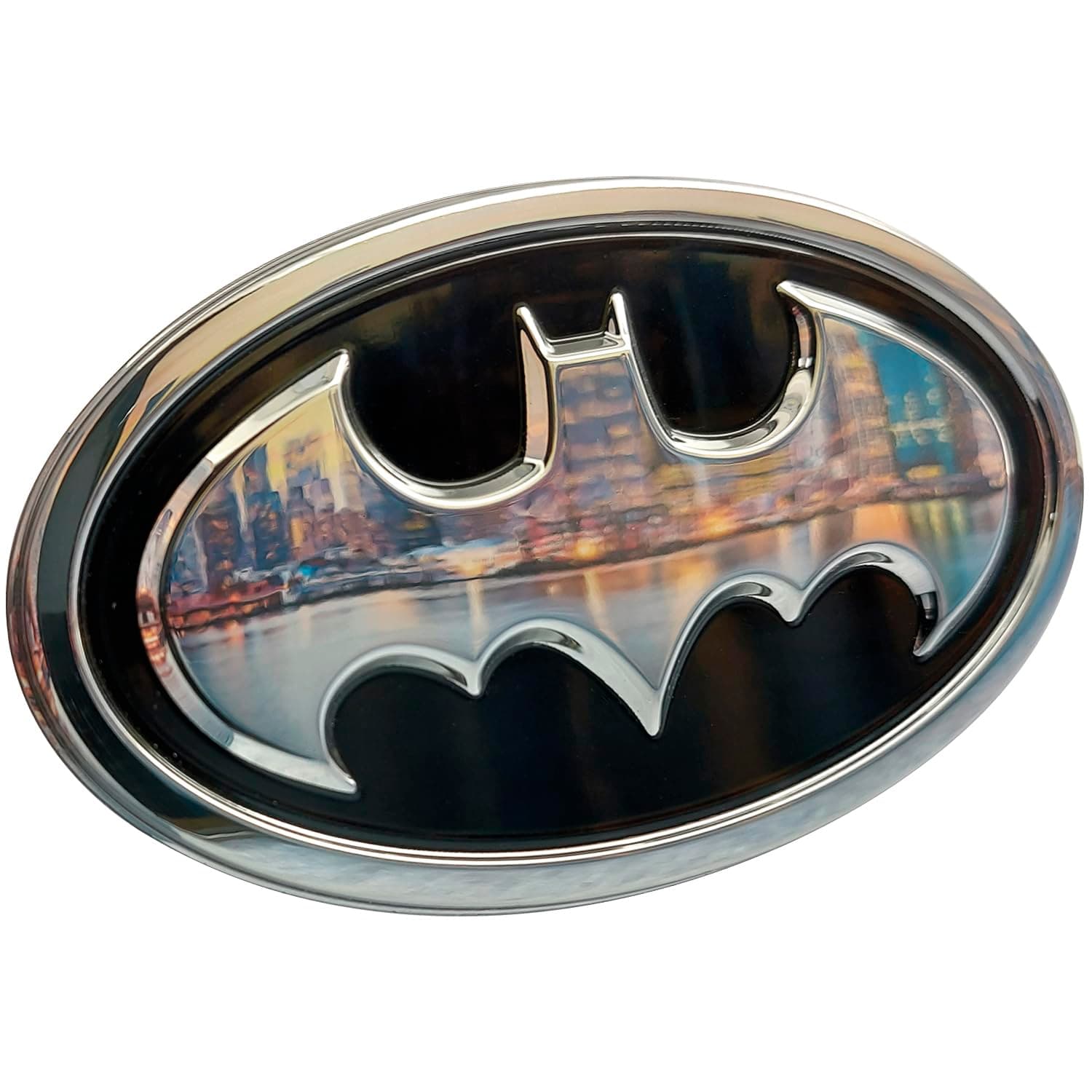 Fan Emblems Batman Car Emblem - 1989 Oval Bat Symbol 3D Auto Badge - Color: Black and Chrome - Size: 3.76 x 2.26 x 0.2 inches - Officially Licensed DC Car Accessories
